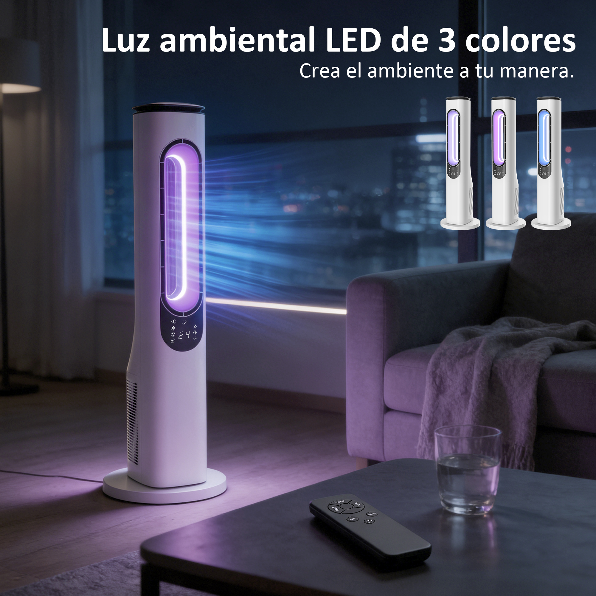 Un ventilador de torre blanco con iluminación LED púrpura en una habitación oscura.