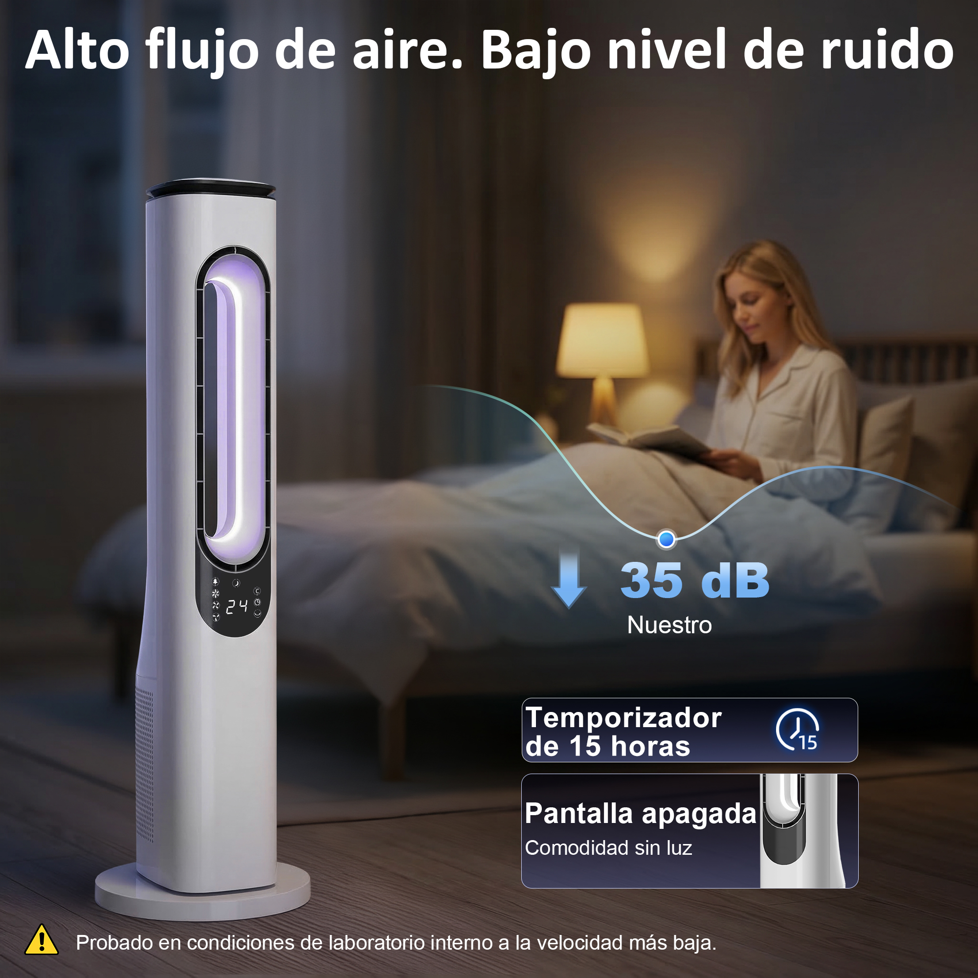 Un ventilador de torre elegante con luz púrpura junto a una cama donde una mujer lee. Muestra 35 dB.