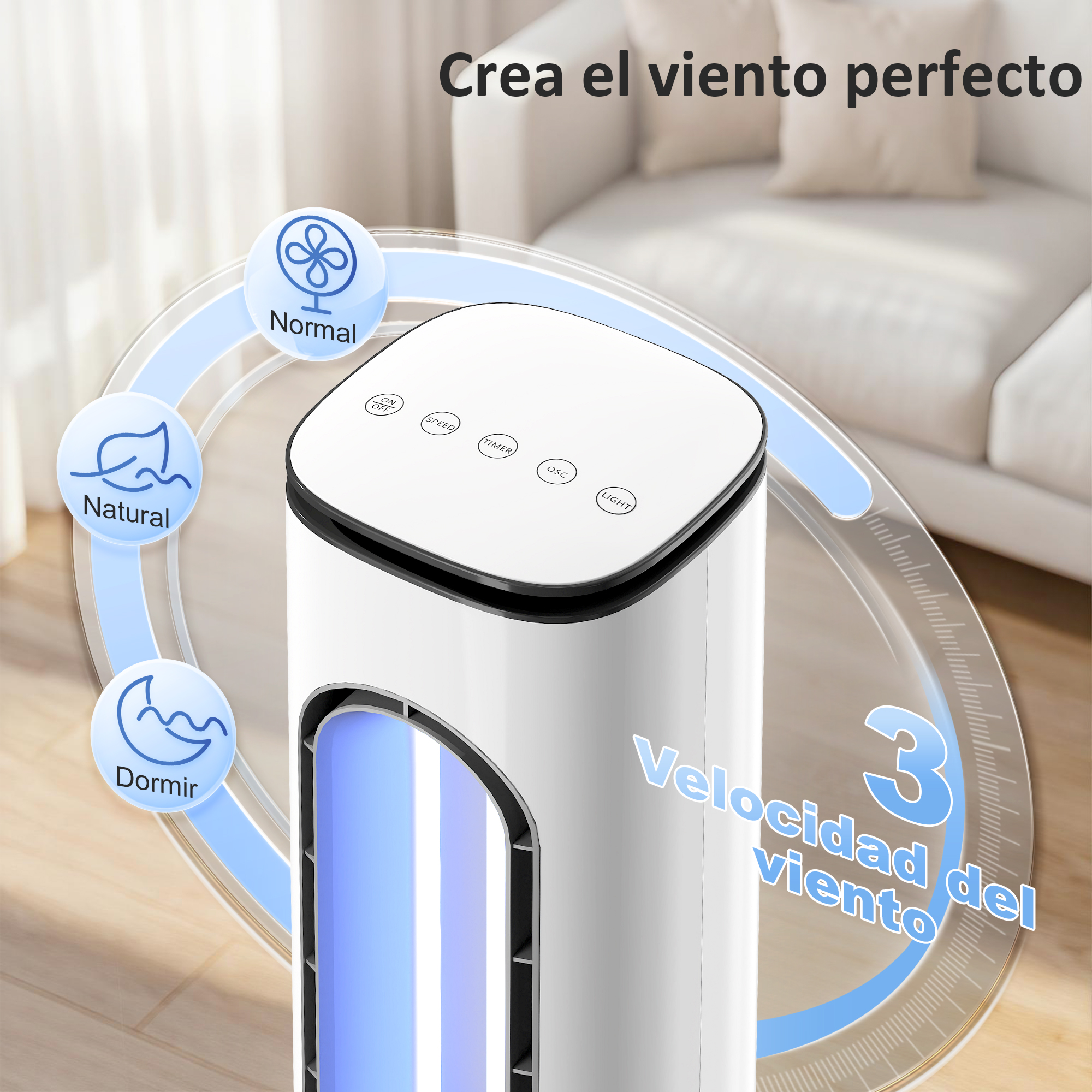Un ventilador de torre blanco con modos Normal, Natural y Dormir. "Crea el viento perfecto."