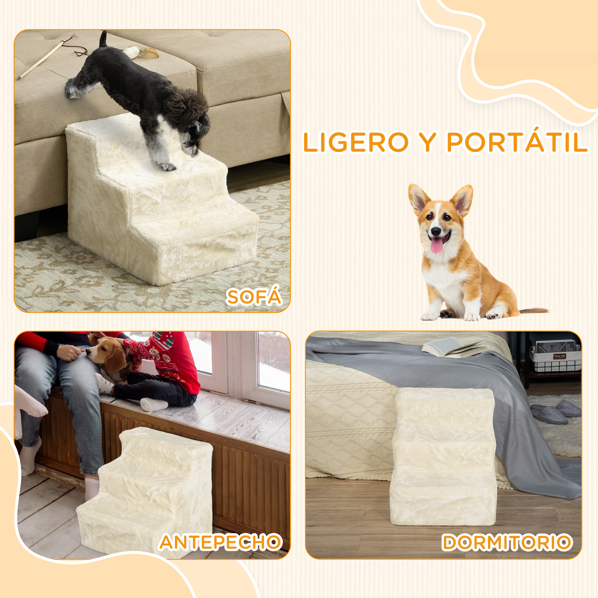 Cuatro escenas muestran escaleras para perros en sofás, dormitorios y más.