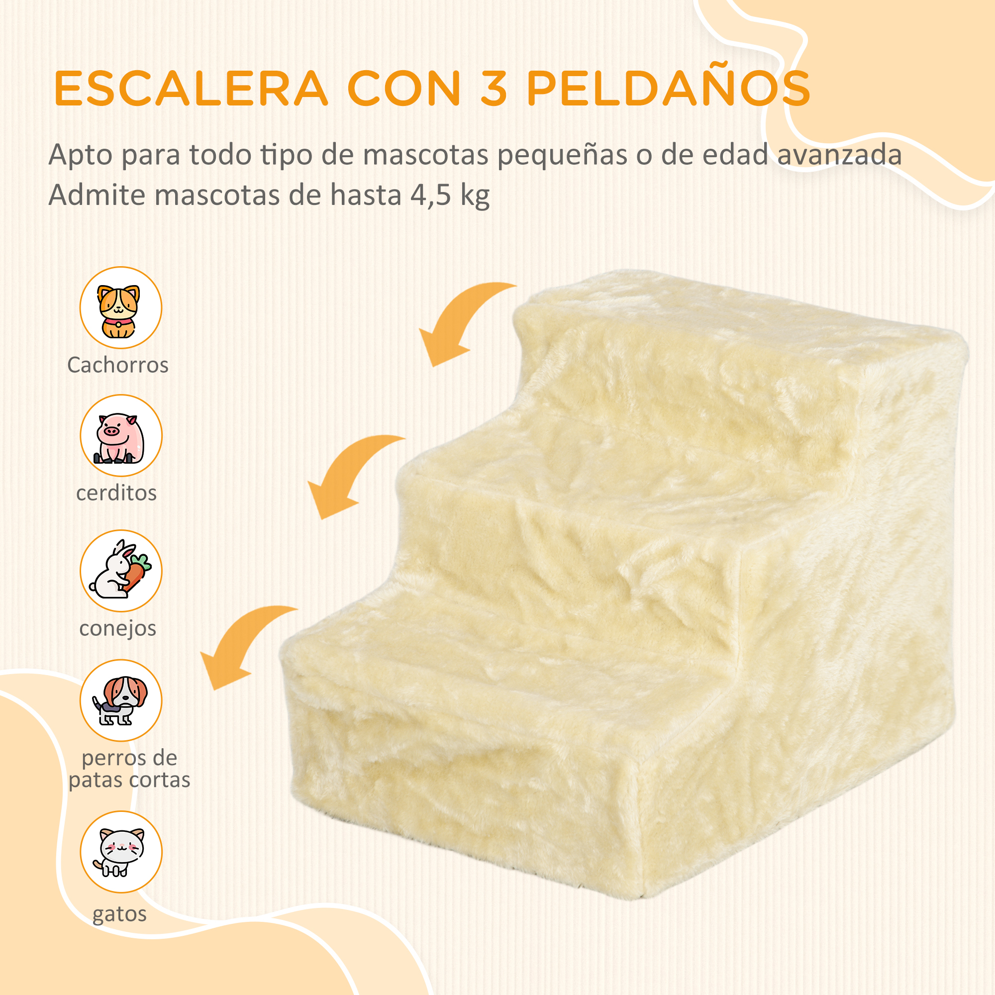 Una escalera para mascotas de felpa de tres peldaños, color crema.