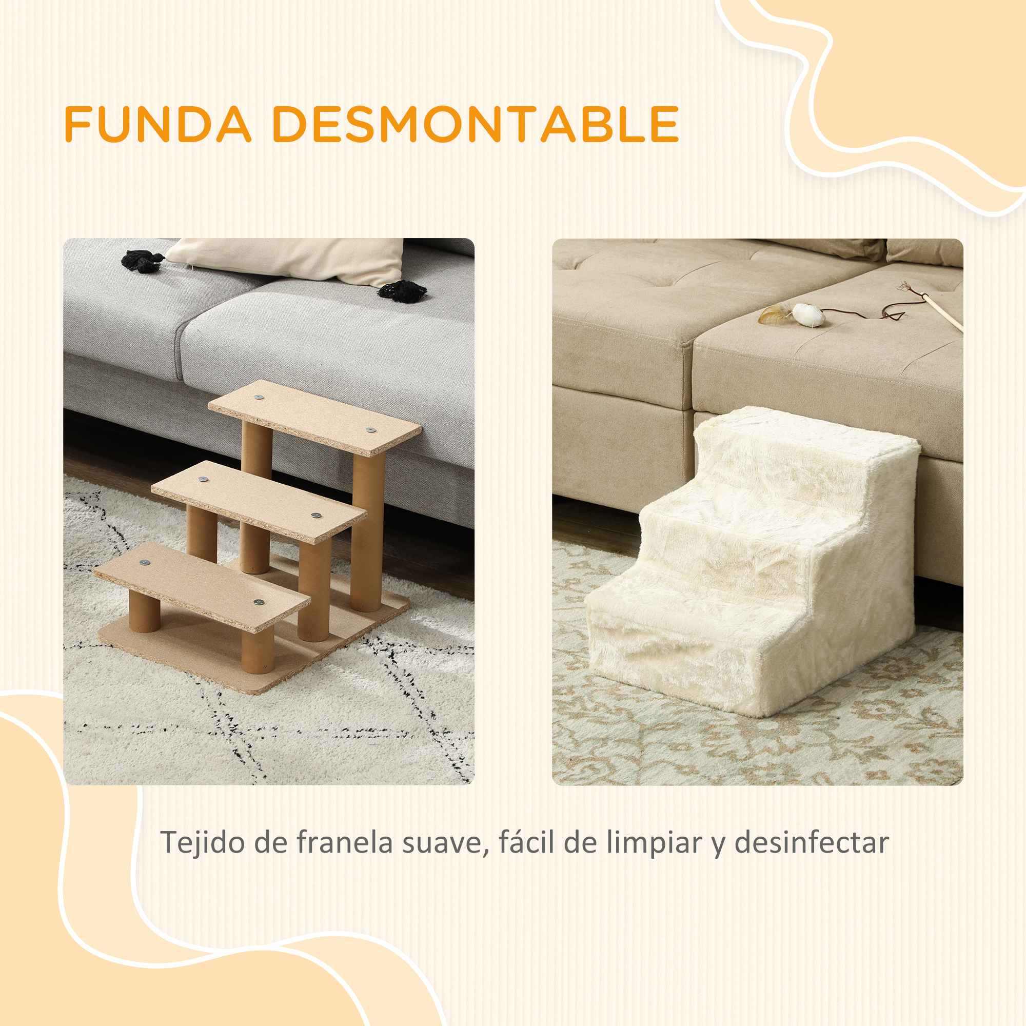 Dos escaleras para perros: una de madera junto a un sofá y otra de felpa crema junto a un sofá.