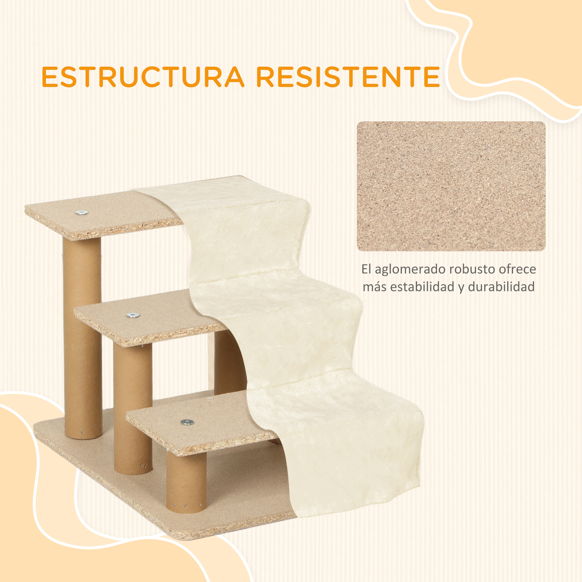 Un árbol rascador de madera resistente con alfombra crema. Tres niveles.