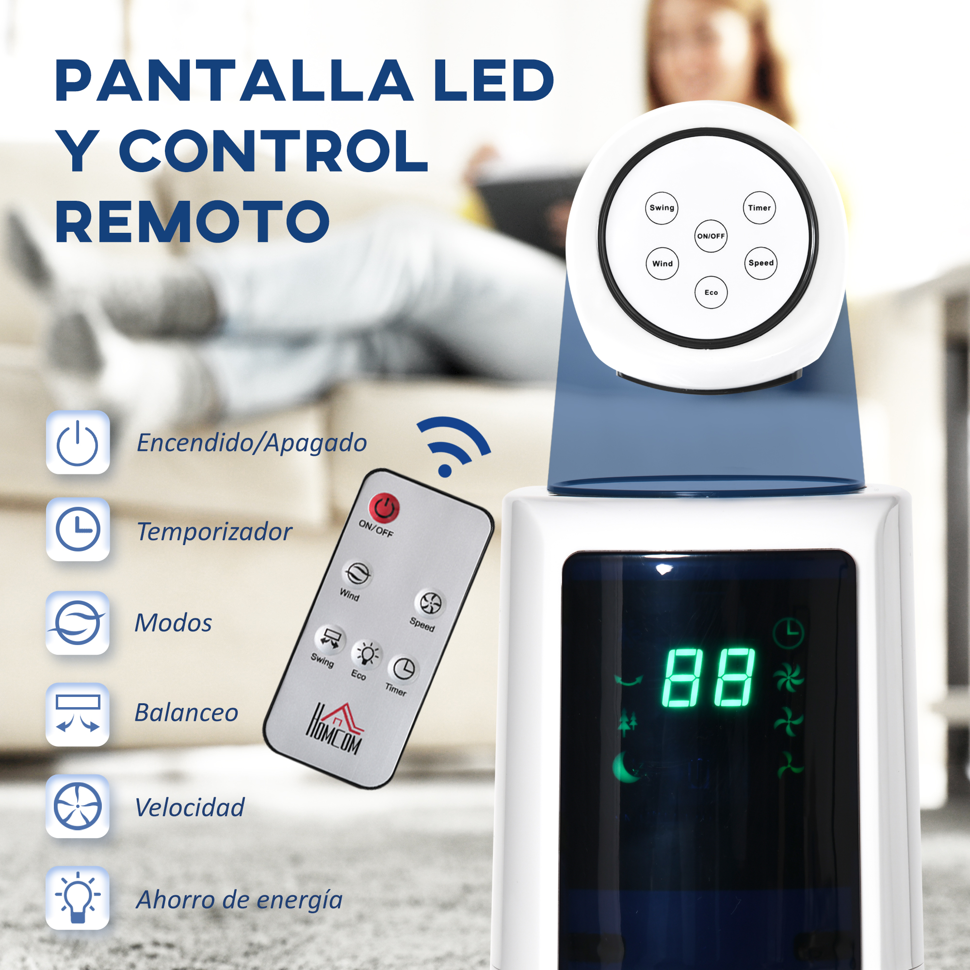 Un ventilador con mando a distancia y pantalla LED. Funciones: Encendido/Apagado, Temporizador.