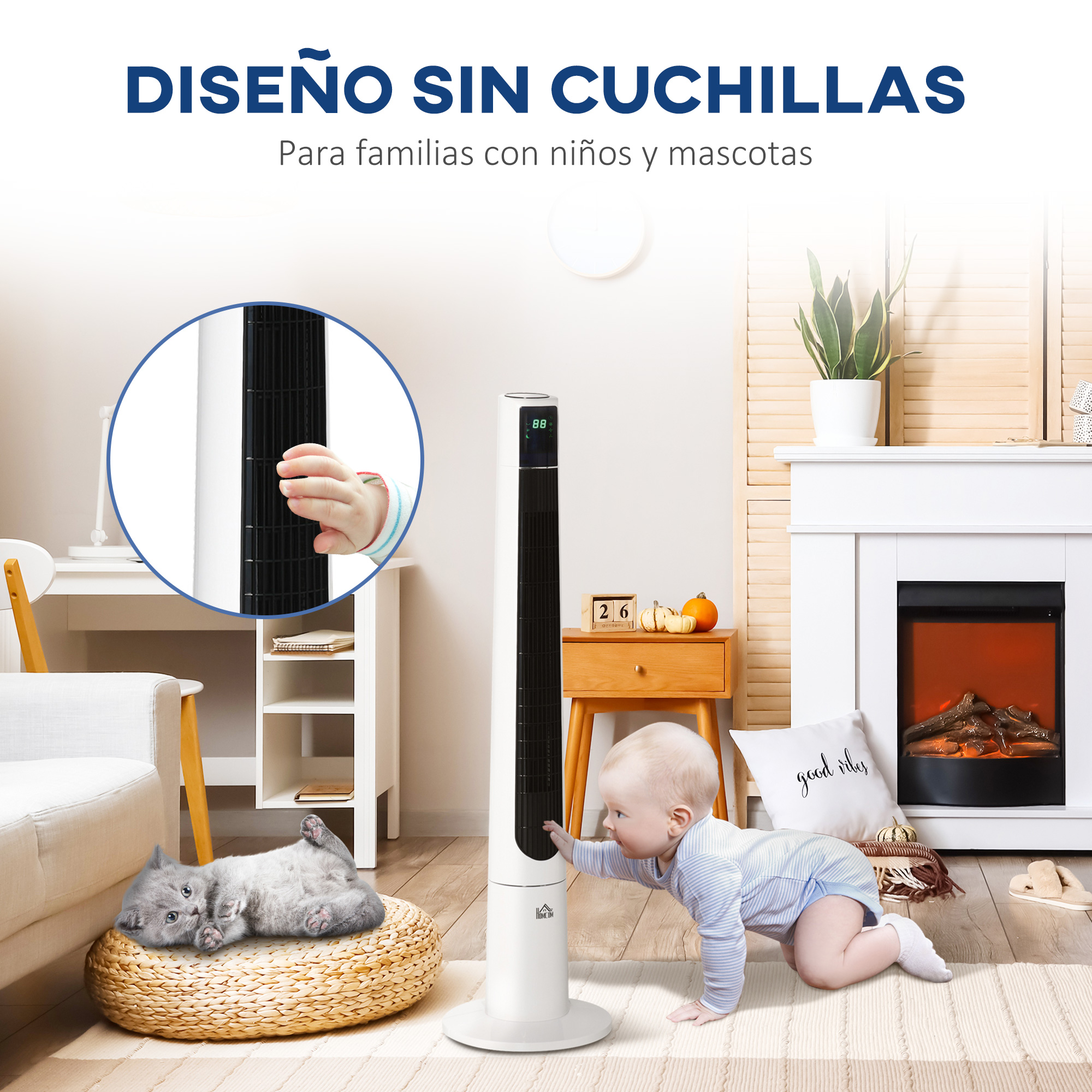 Un bebé gatea hacia un ventilador, un gato yace cerca. Una chimenea al fondo.