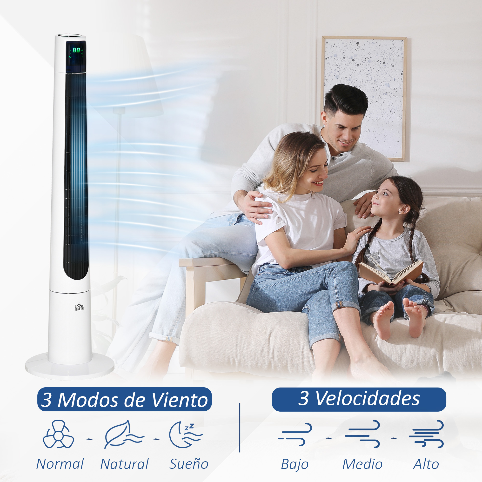Familia en sofá, ventilador de torre a la izquierda, con modos y velocidades.