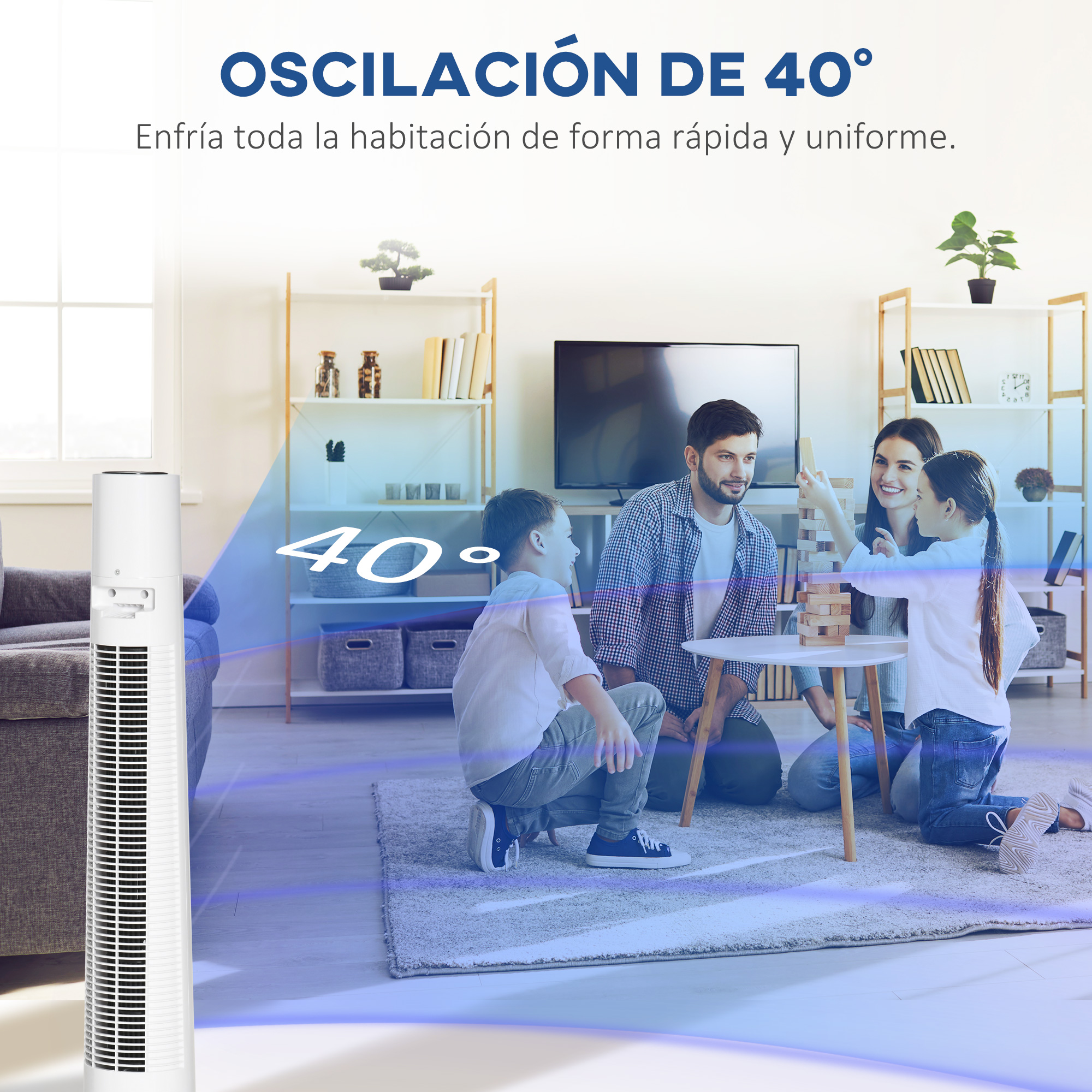 Un ventilador de torre enfría una habitación donde una familia juega Jenga.