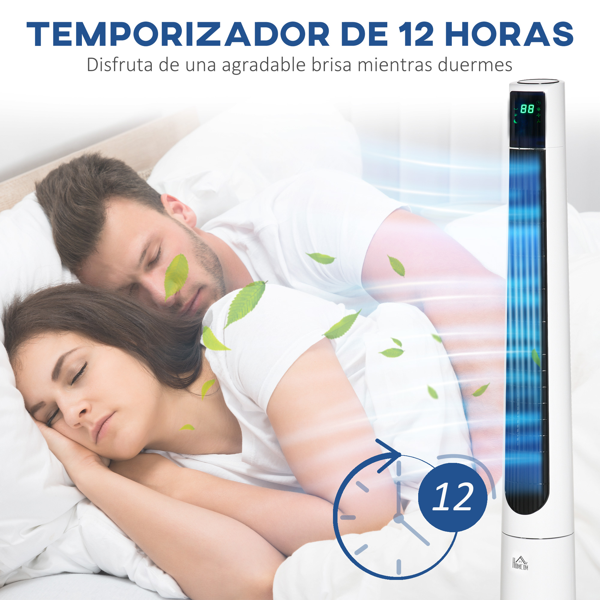 Una pareja duerme mientras funciona un ventilador de torre. Hojas flotan a su alrededor.