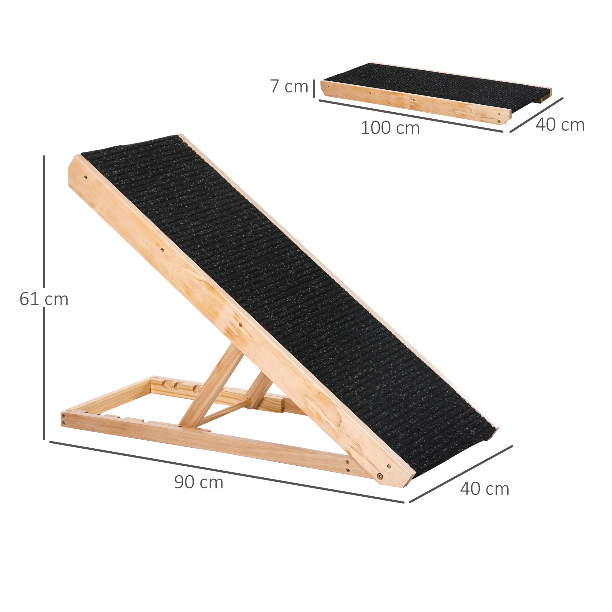 Se muestra una rampa de madera para mascotas con superficie antideslizante negra.