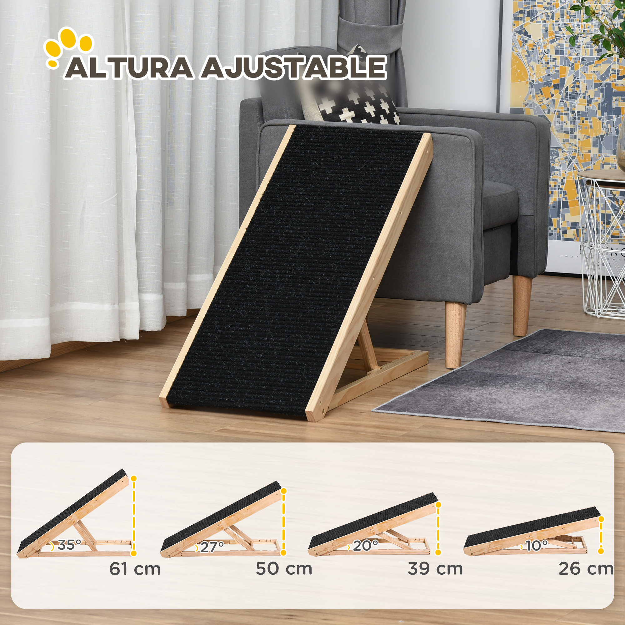 Rampa ajustable para mascotas en varios ángulos y alturas.