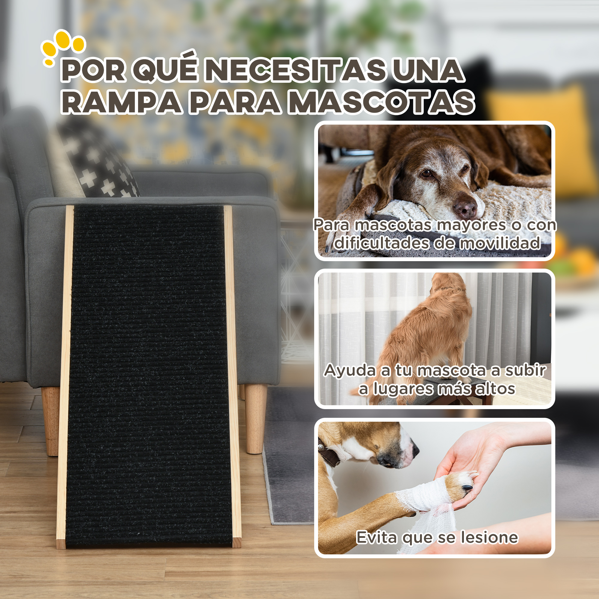 Una rampa para mascotas junto a un sofá, con imágenes de perros.