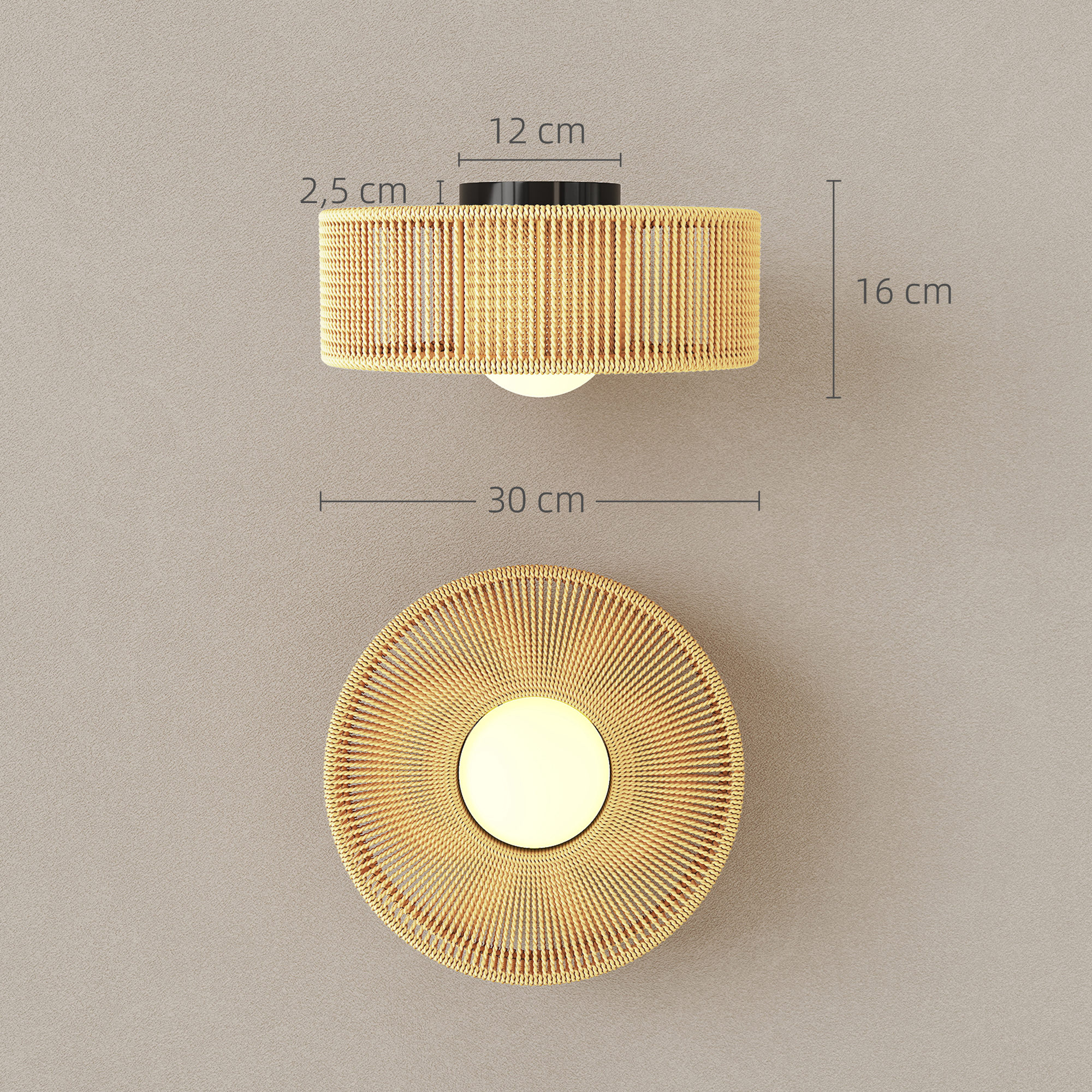 Lámpara de techo y pared de ratán tejido con dimensiones.