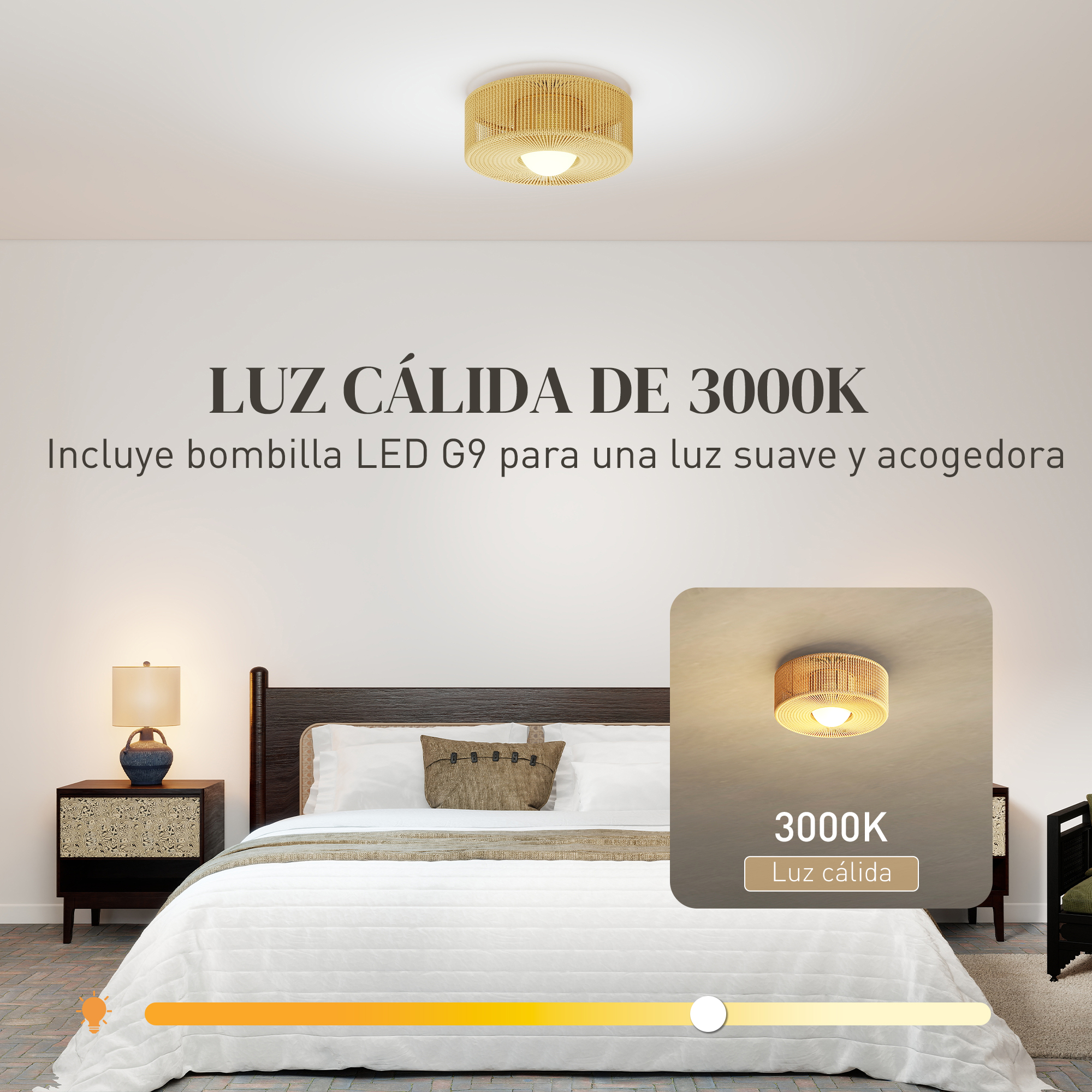 Un dormitorio con cama, mesita de noche y lámpara de techo de luz cálida.