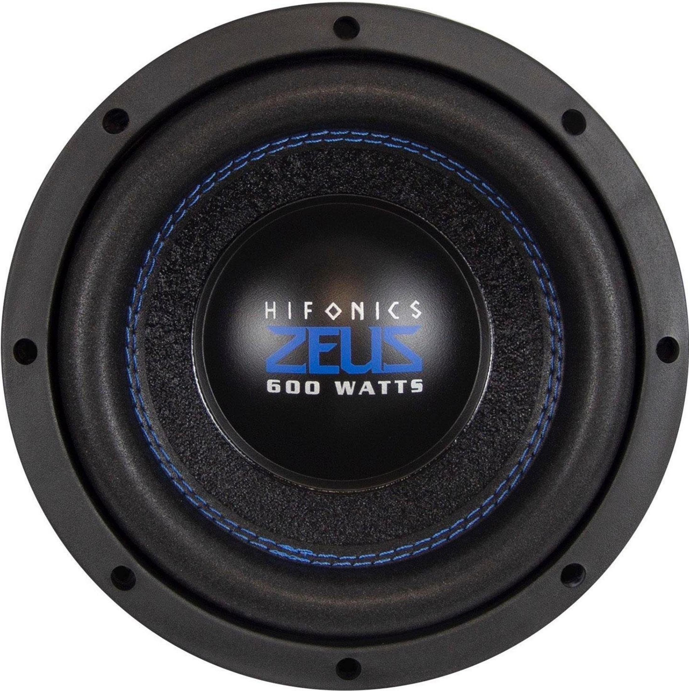 Schwarzer Subwoofer mit blauen Nähten und Hifonics Zeus 600 Watt-Logo.