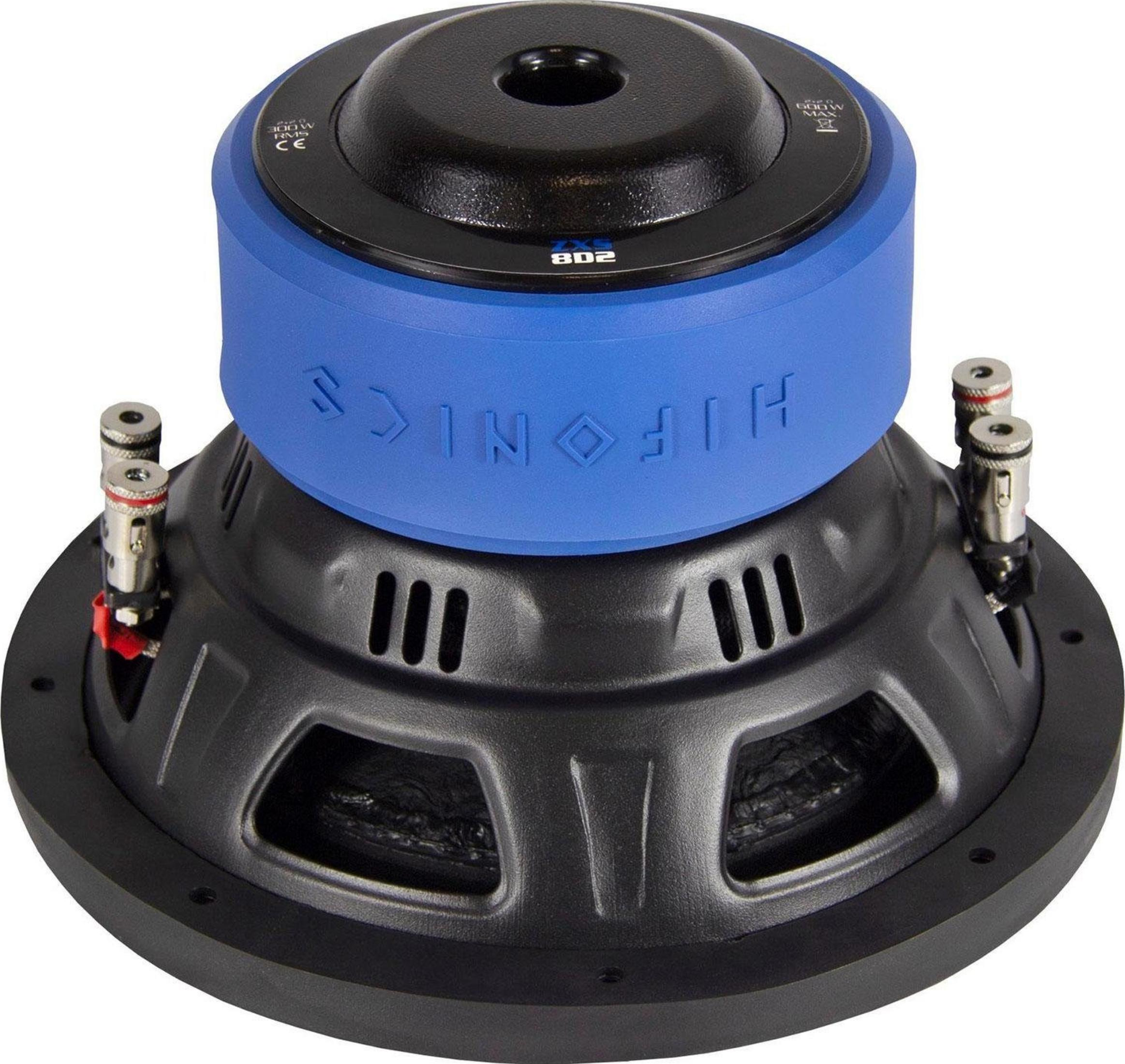 Schwarzer Subwoofer mit blauem Ring und silbernen Anschlüssen.