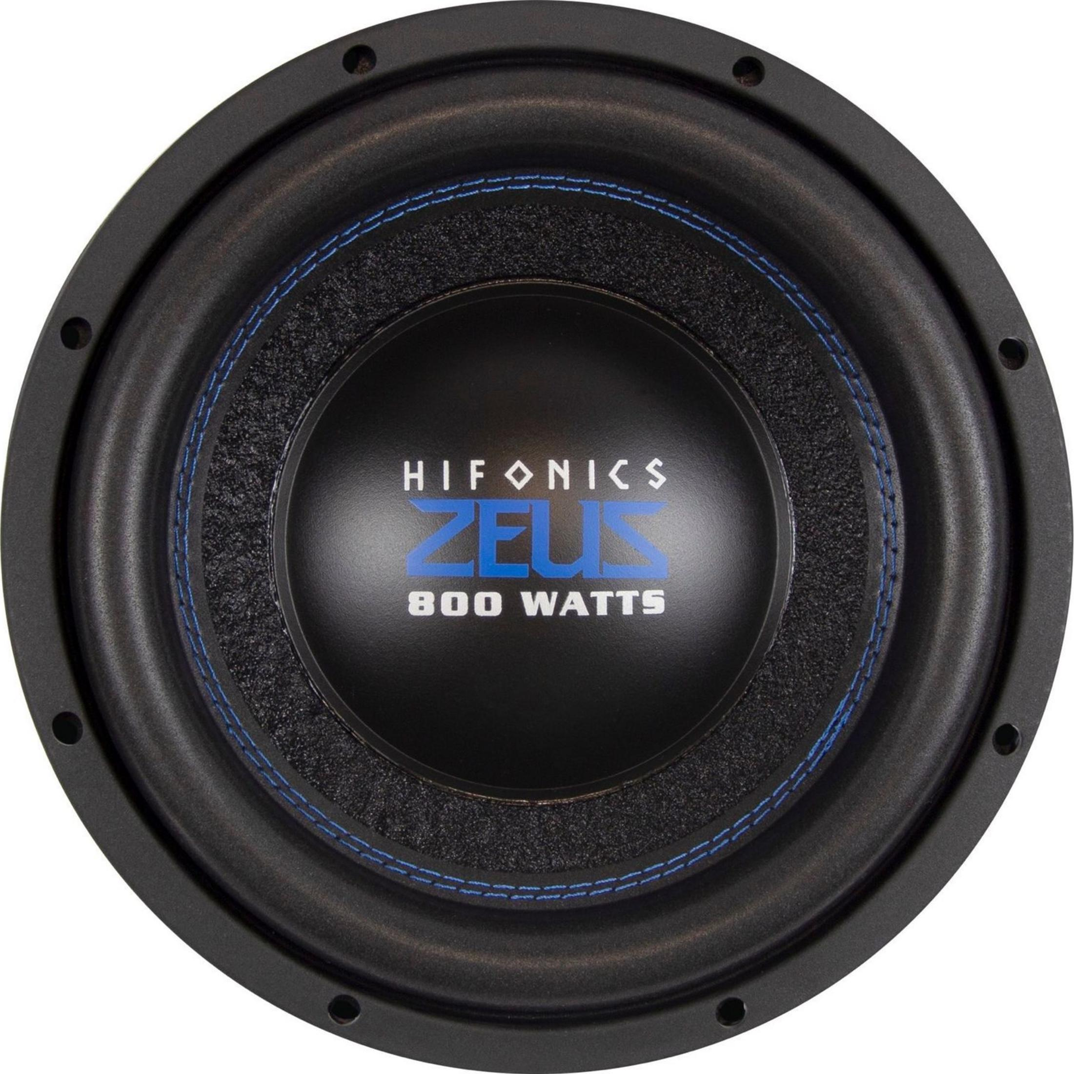 Schwarzer Subwoofer mit blauen Nähten und Zeus-Logo, 800 Watt.