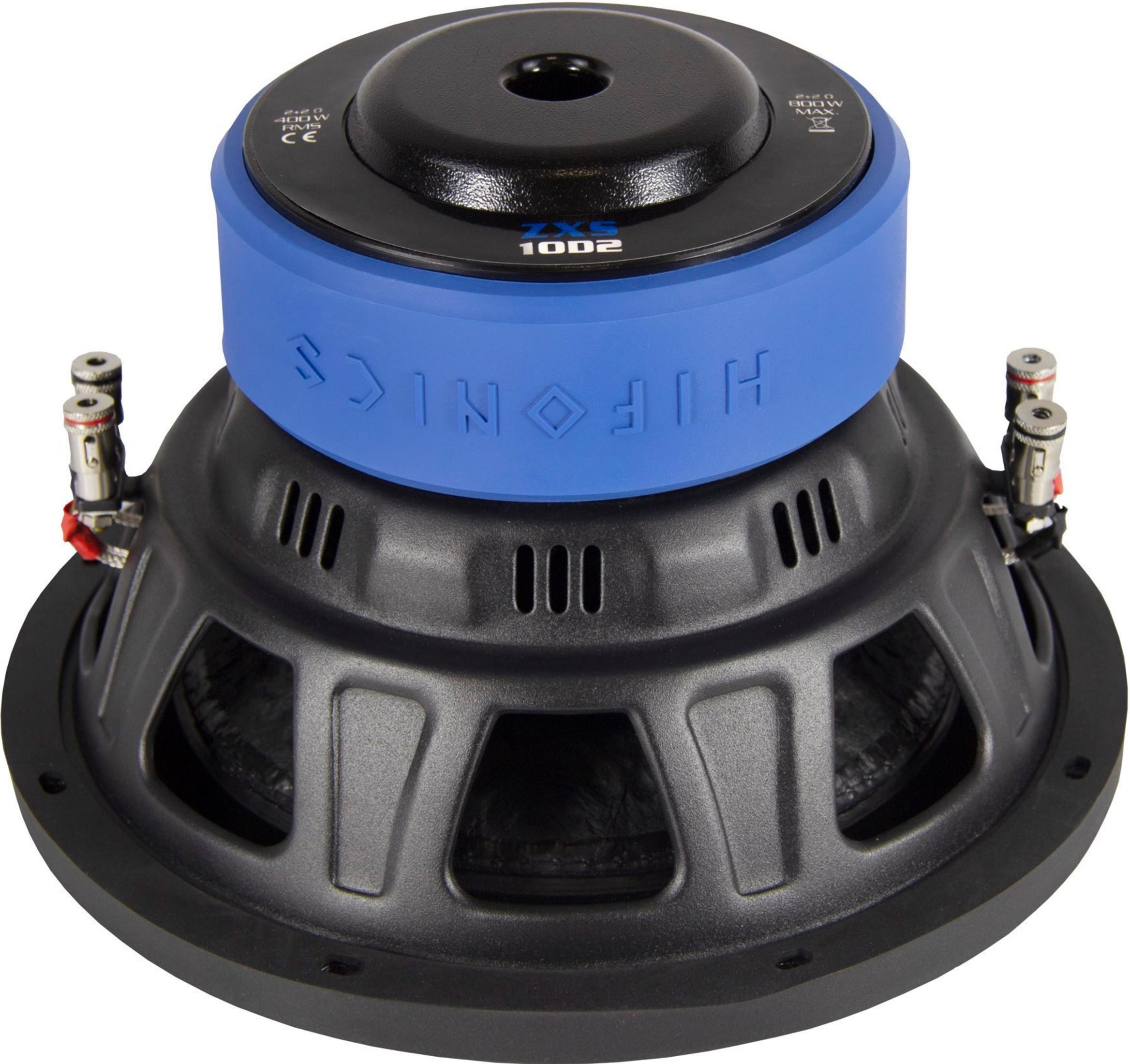 Schwarzer Subwoofer mit blauem Akzentring und silbernen Anschlüssen.