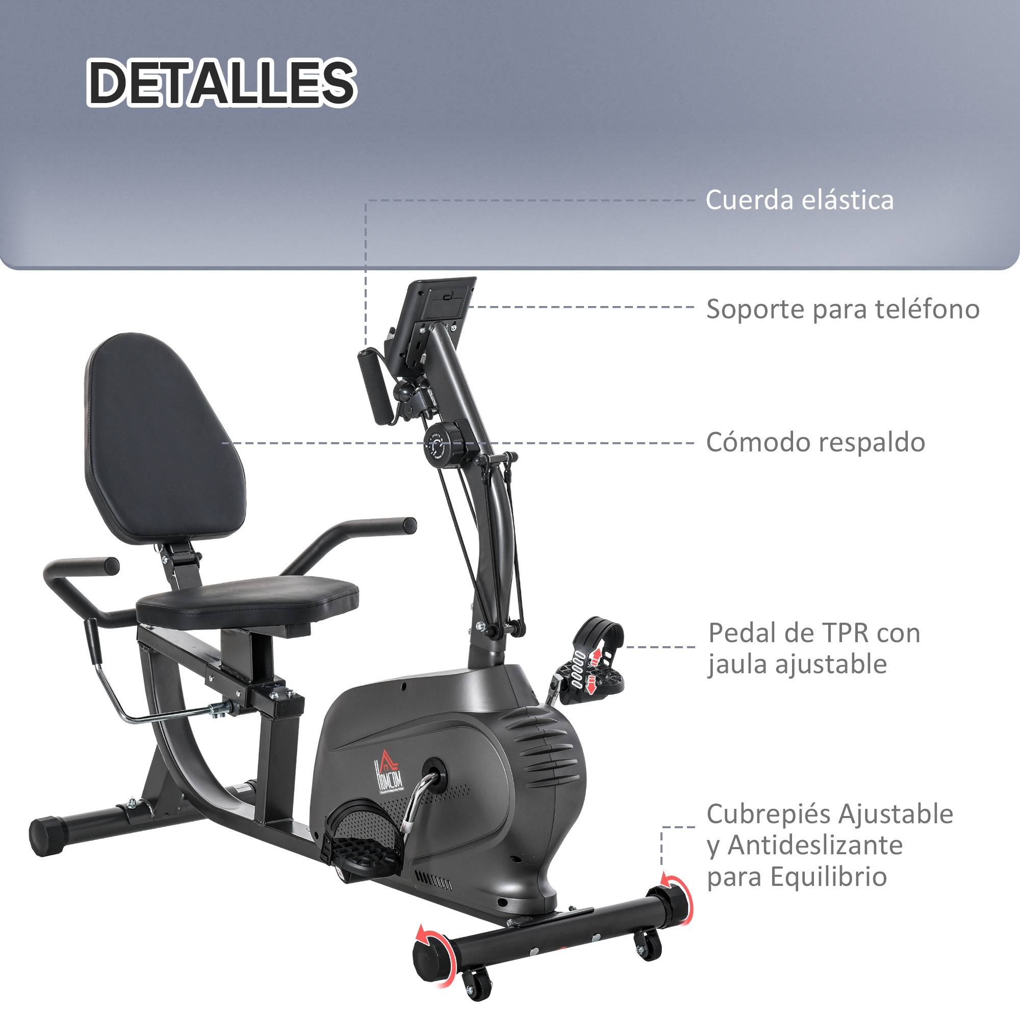 Una bicicleta estática negra con asiento, soporte para teléfono y pedales ajustables.