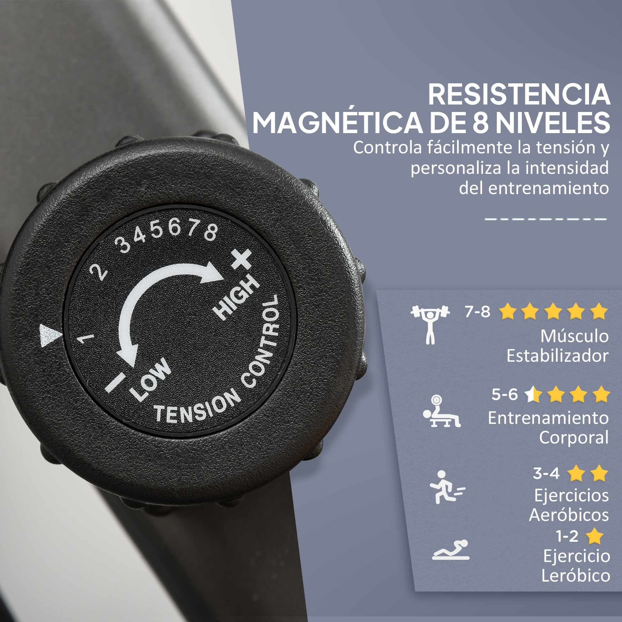 Una perilla negra con números del 1 al 8 para ajustar la tensión en una máquina de ejercicio.