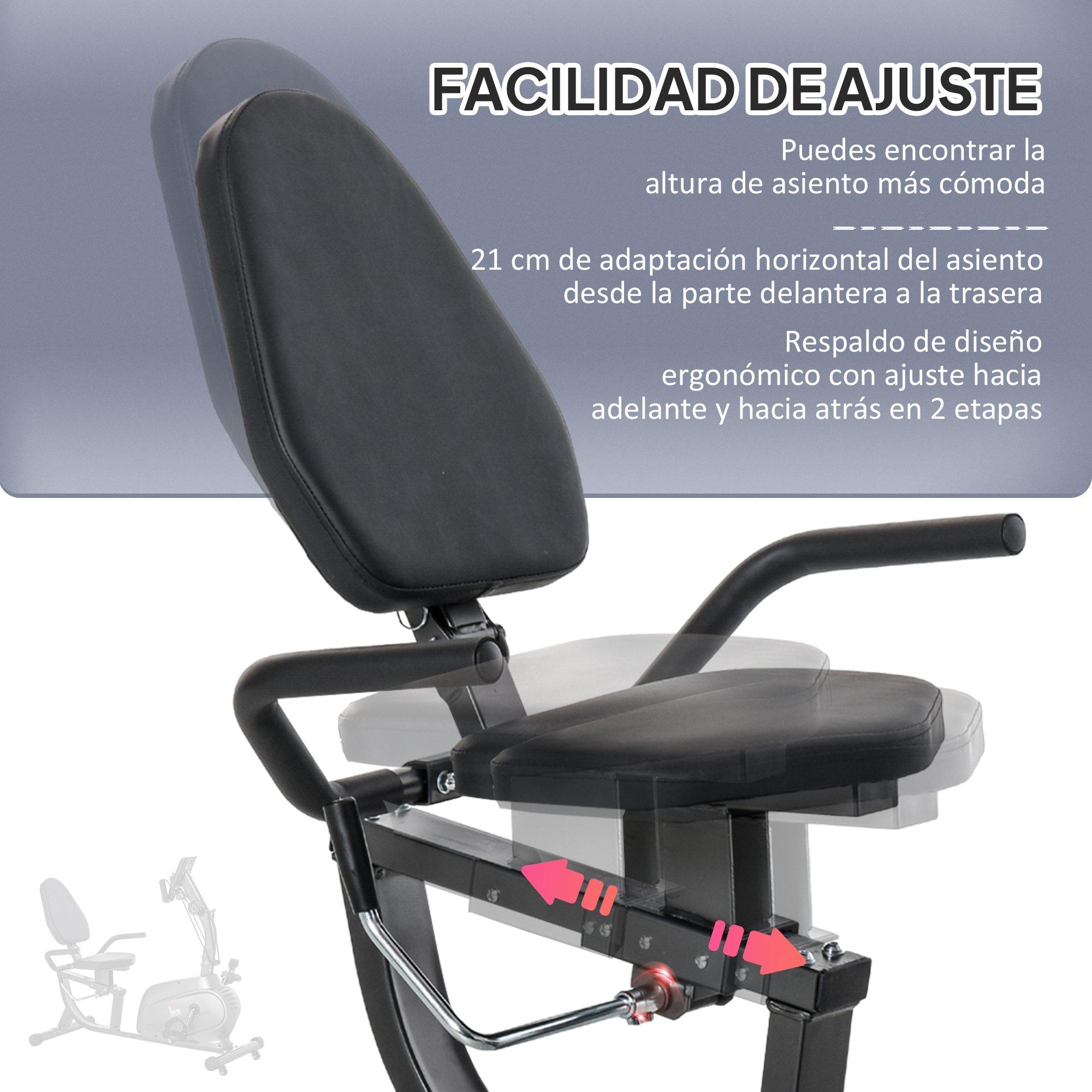 Asiento negro de bicicleta estática con respaldo y asiento ajustables.