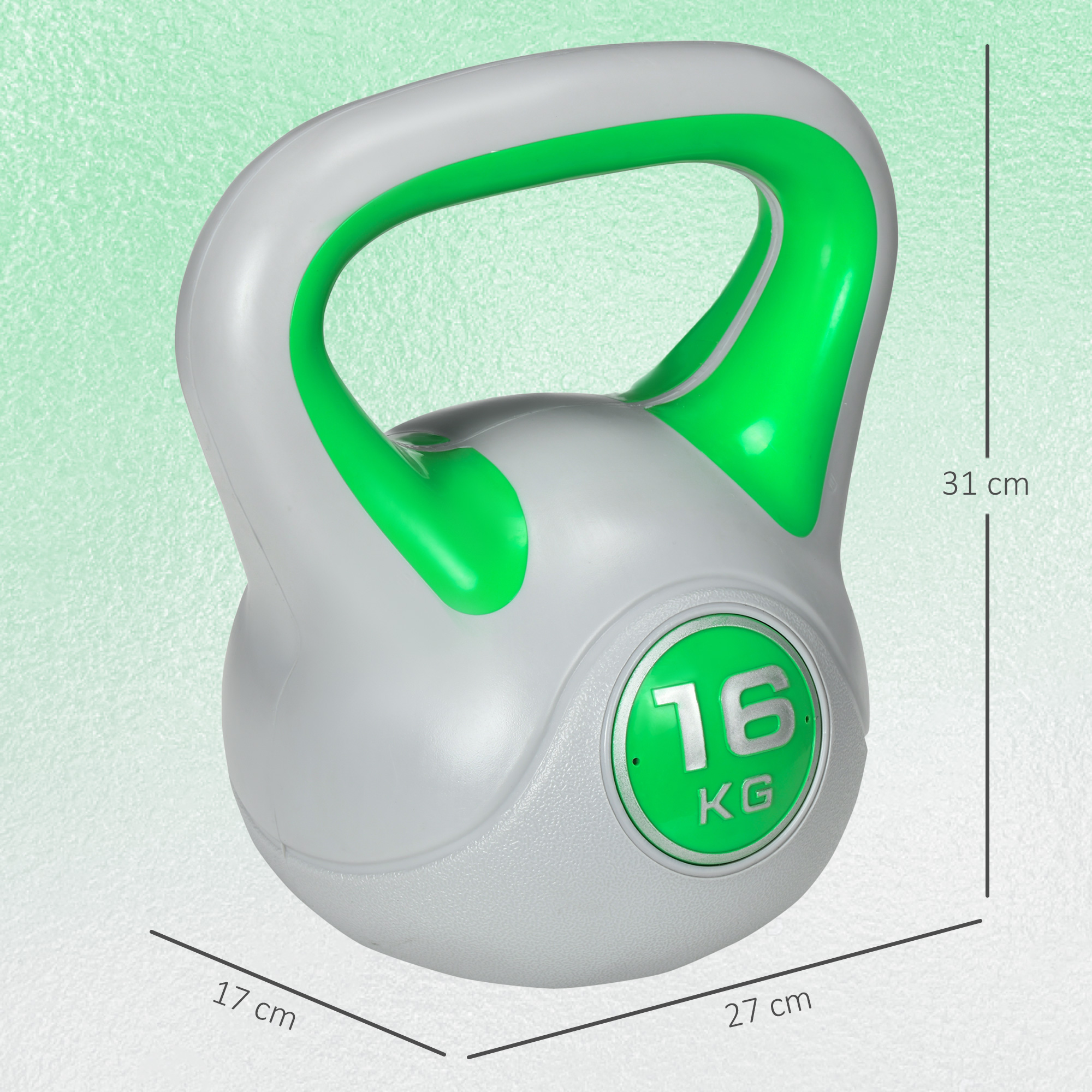 Pesa rusa gris con detalles verdes, marcada 16kg.