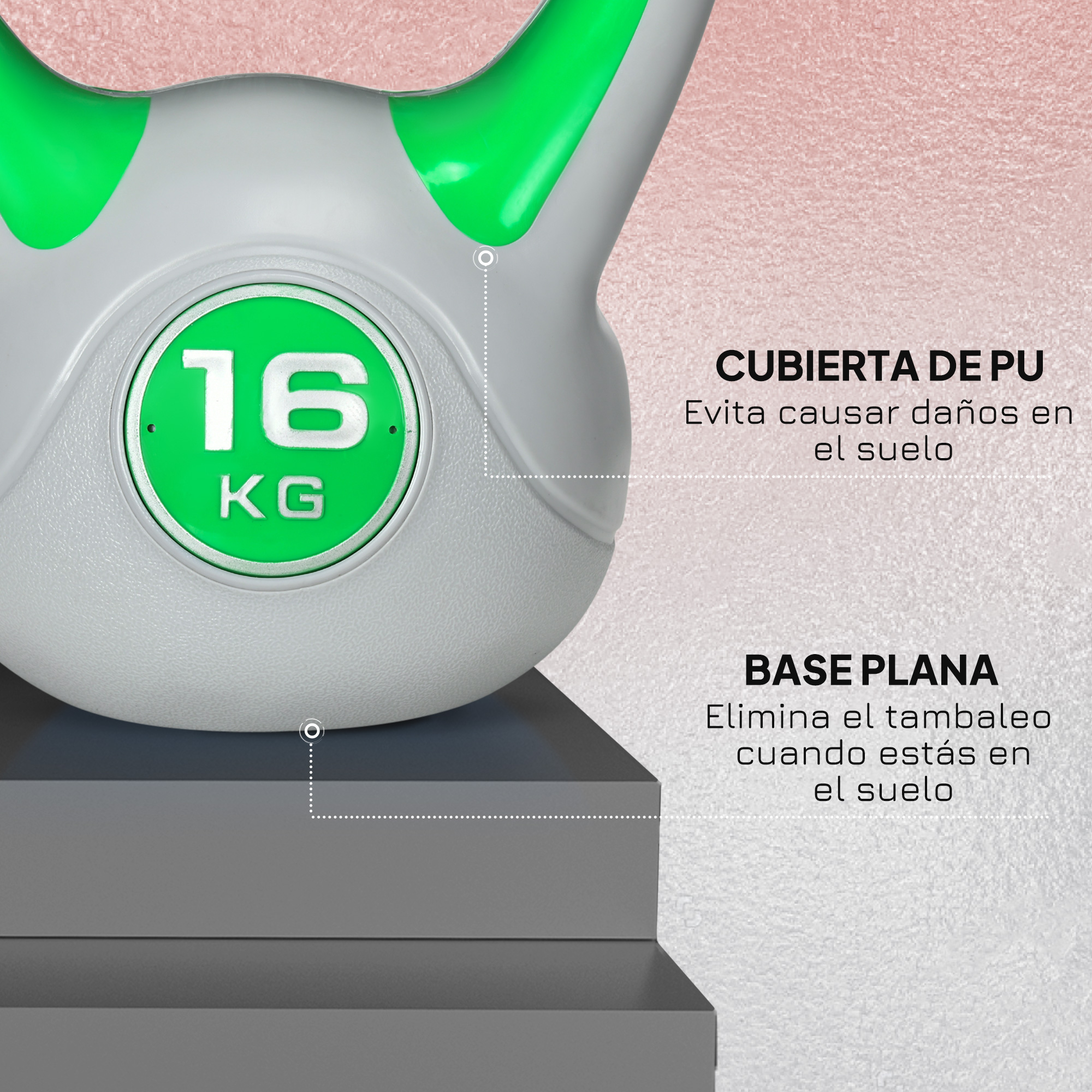 Kettlebell gris de 16 kg con detalles verdes sobre plataforma gris.