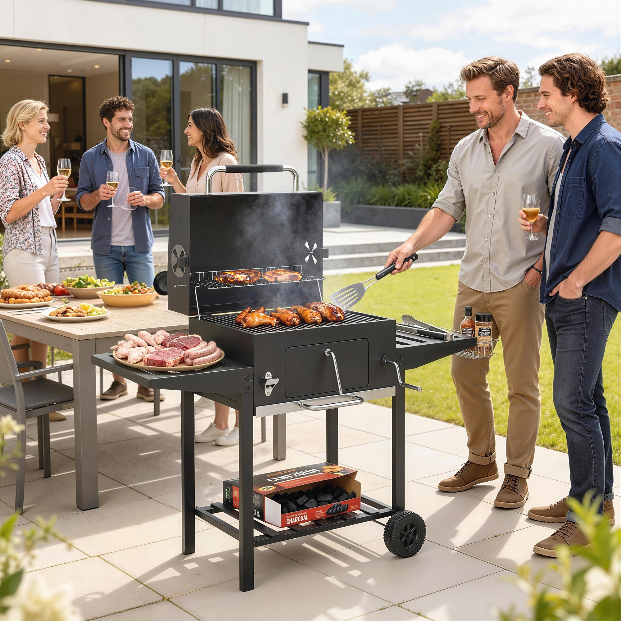 Gente haciendo una barbacoa en un patio trasero. Carne y pollo a la parrilla, comida en mesa.