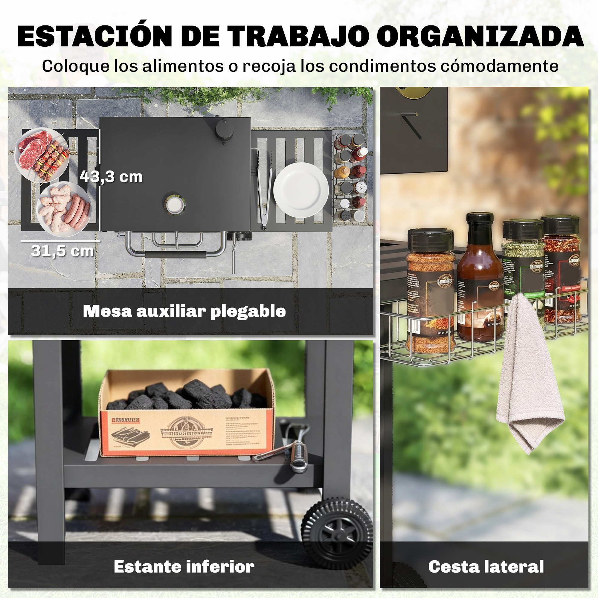 Estación de trabajo para parrilla con carne, salchichas, especias y carbón.