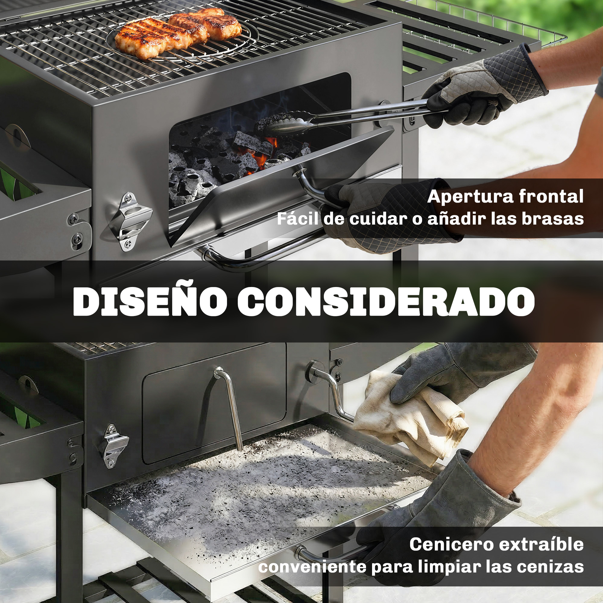 Una parrilla con carne en la rejilla y un cajón para cenizas.
