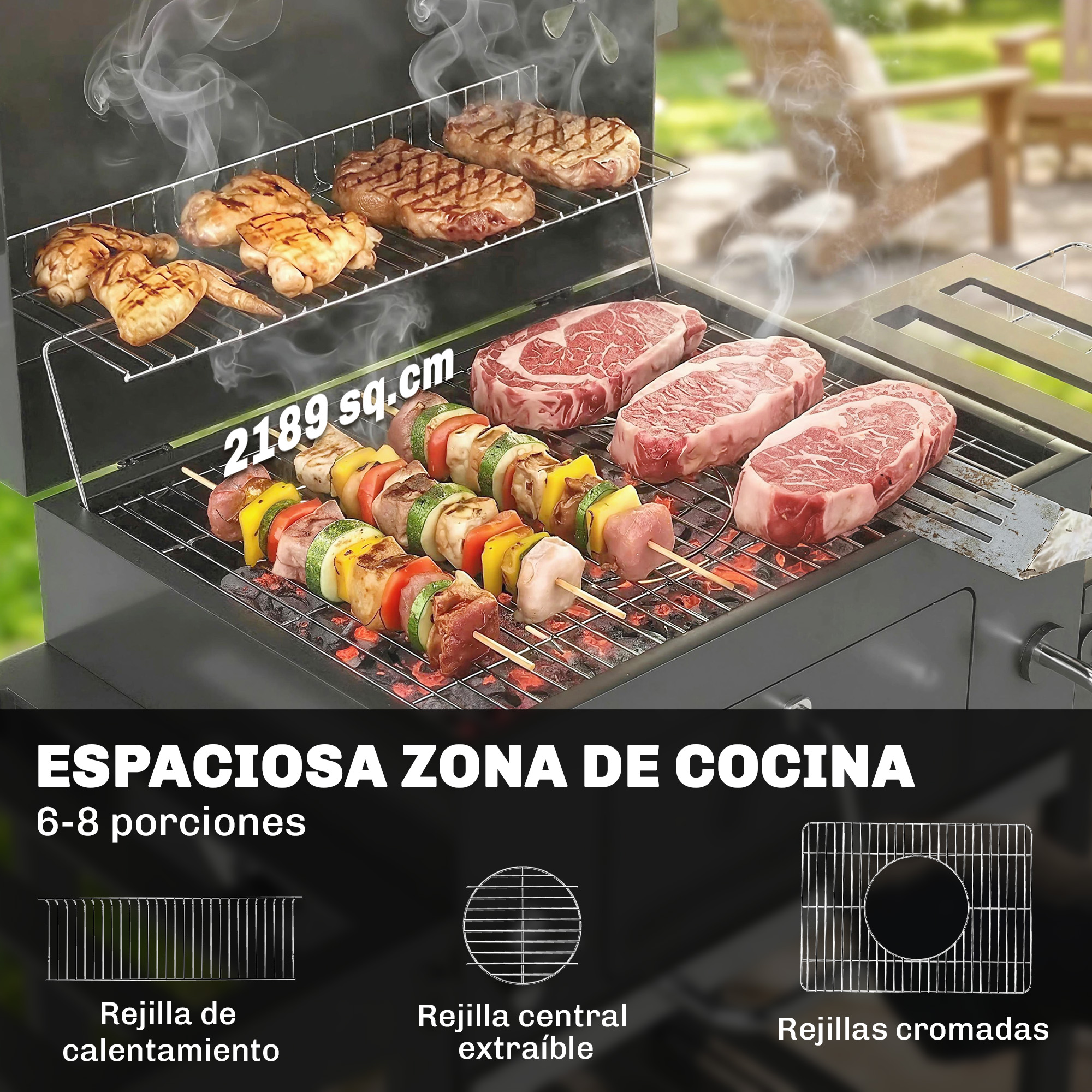 Carne y brochetas en una parrilla, diseñada para 6-8 porciones, con 2189 cm².