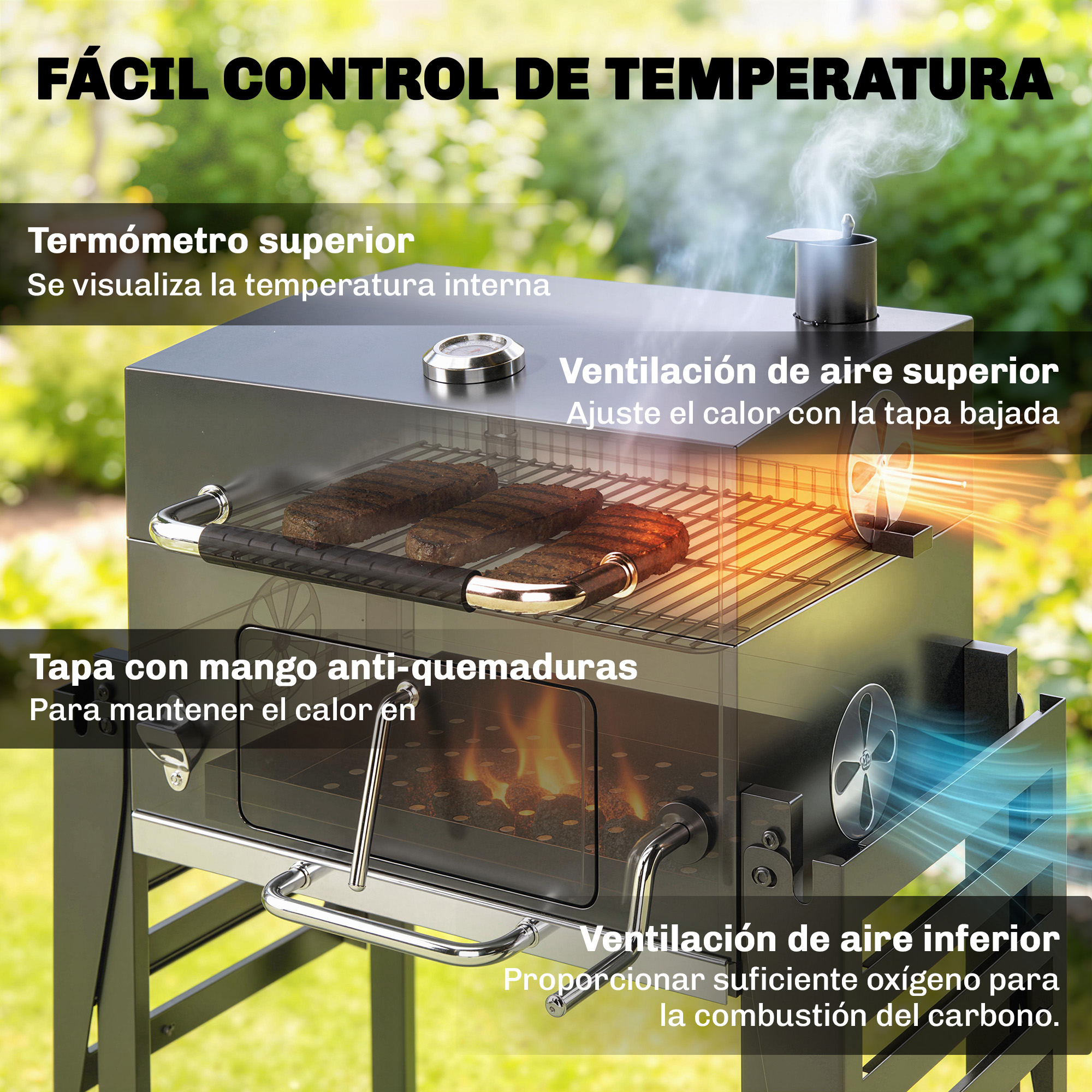 Una parrilla con termómetro, ventilaciones y asas. Se está asando carne.