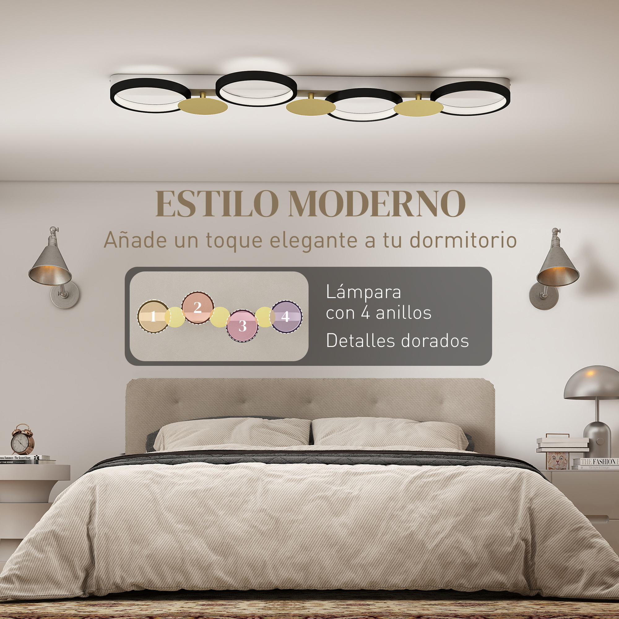 Dormitorio moderno con cama, lámpara de techo, apliques, mesita y lámpara.