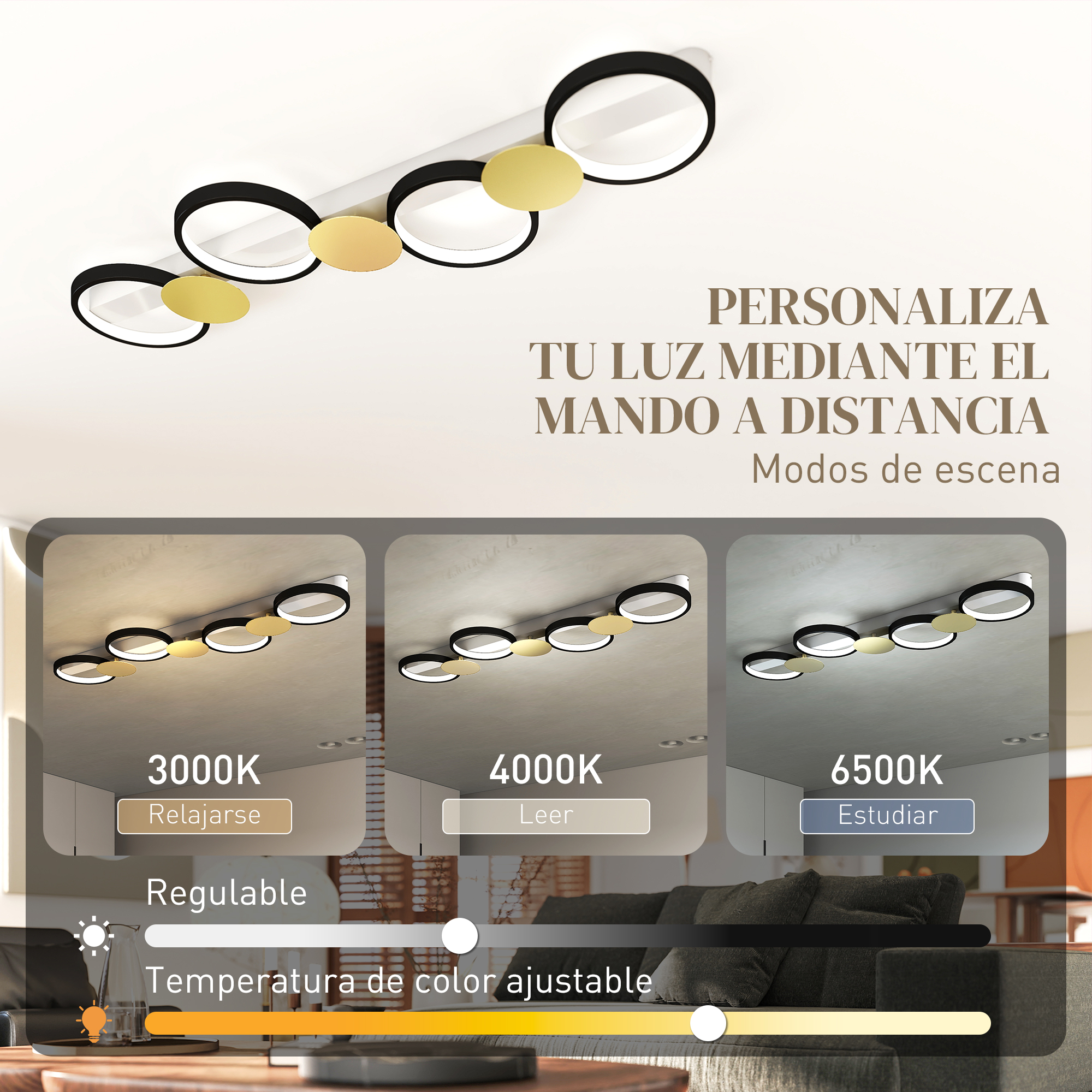 Lámpara de techo moderna con temperatura de color y brillo ajustables.