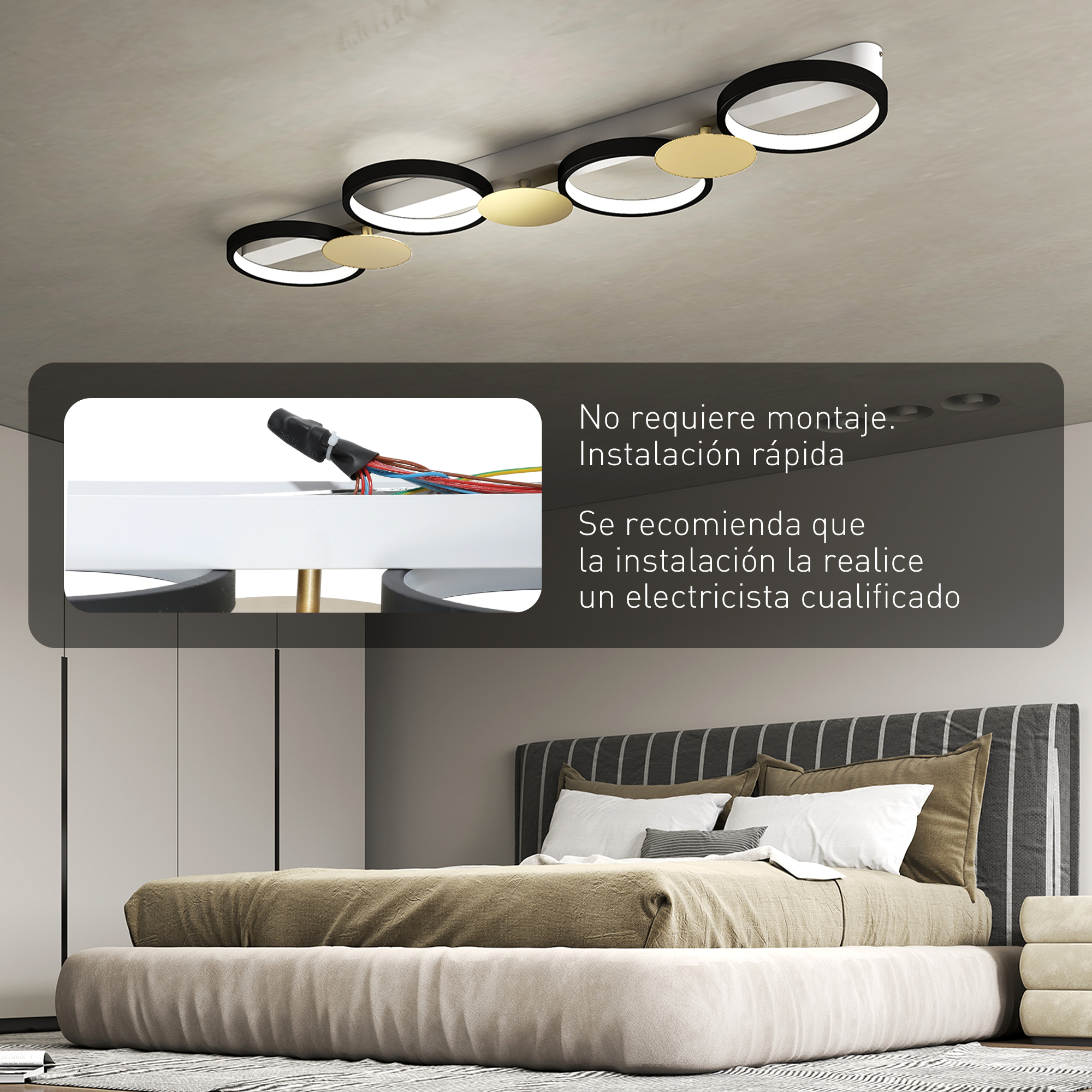 Lámpara de techo con anillos negros y dorados sobre una cama.