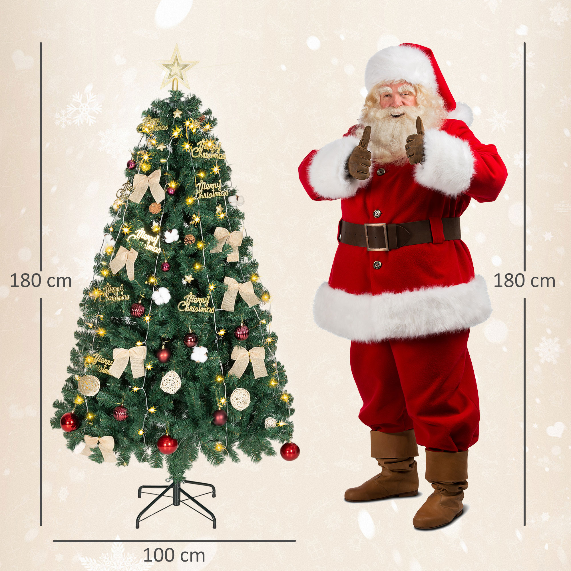 Un árbol de Navidad decorado junto a Papá Noel dando un pulgar hacia arriba.