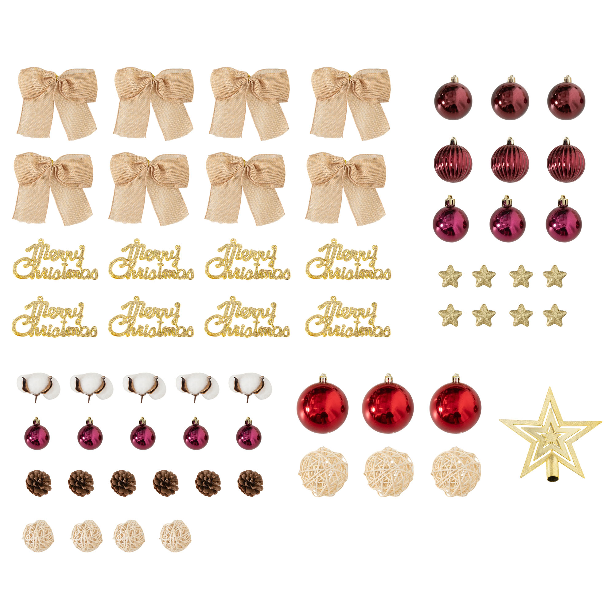 Decoración navideña: lazos, bolas, estrellas, piñas, estrella de árbol, algodón.