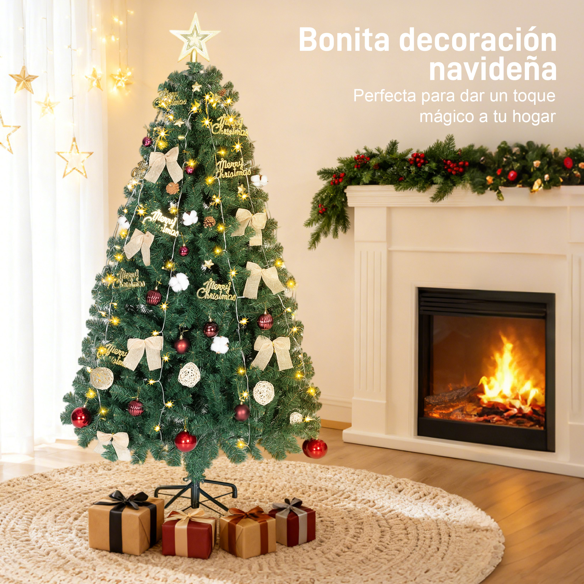 Un árbol de Navidad decorado con luces, adornos y regalos frente a una chimenea.