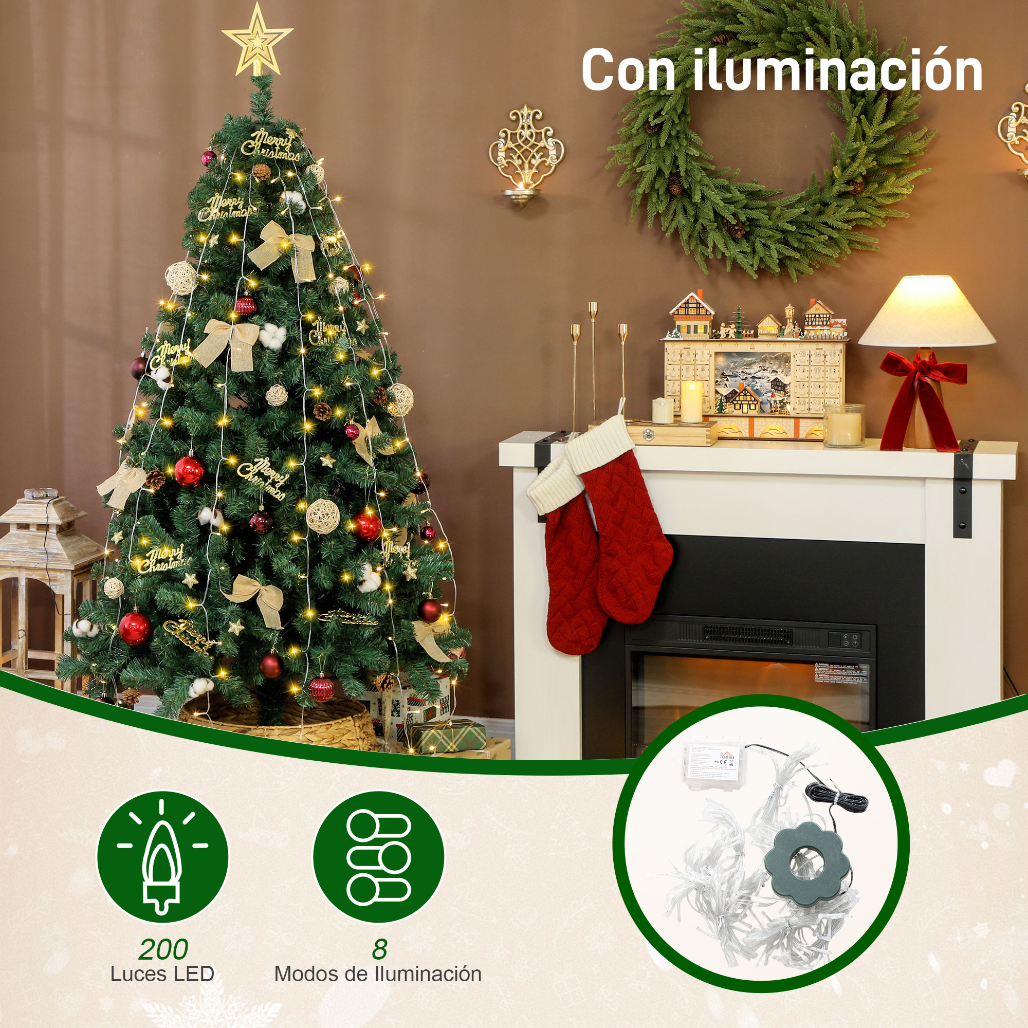 Árbol de Navidad con luces, adornos, lazos y estrella. Chimenea con calcetines rojos.