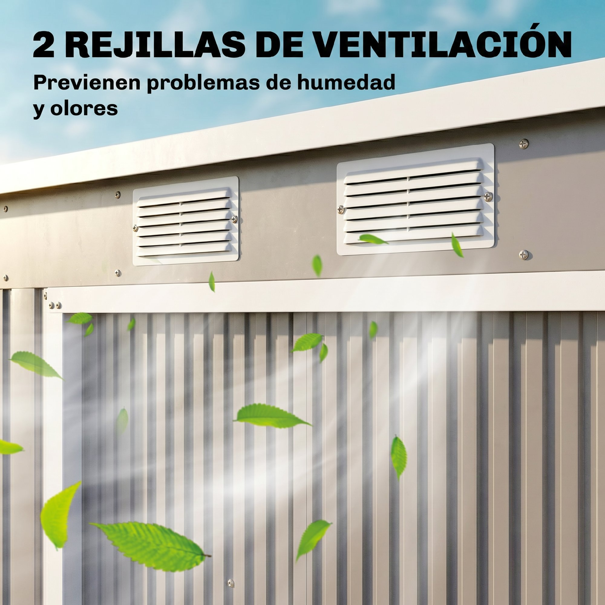 Dos rejillas de ventilación blancas en pared gris, con hojas verdes volando alrededor.