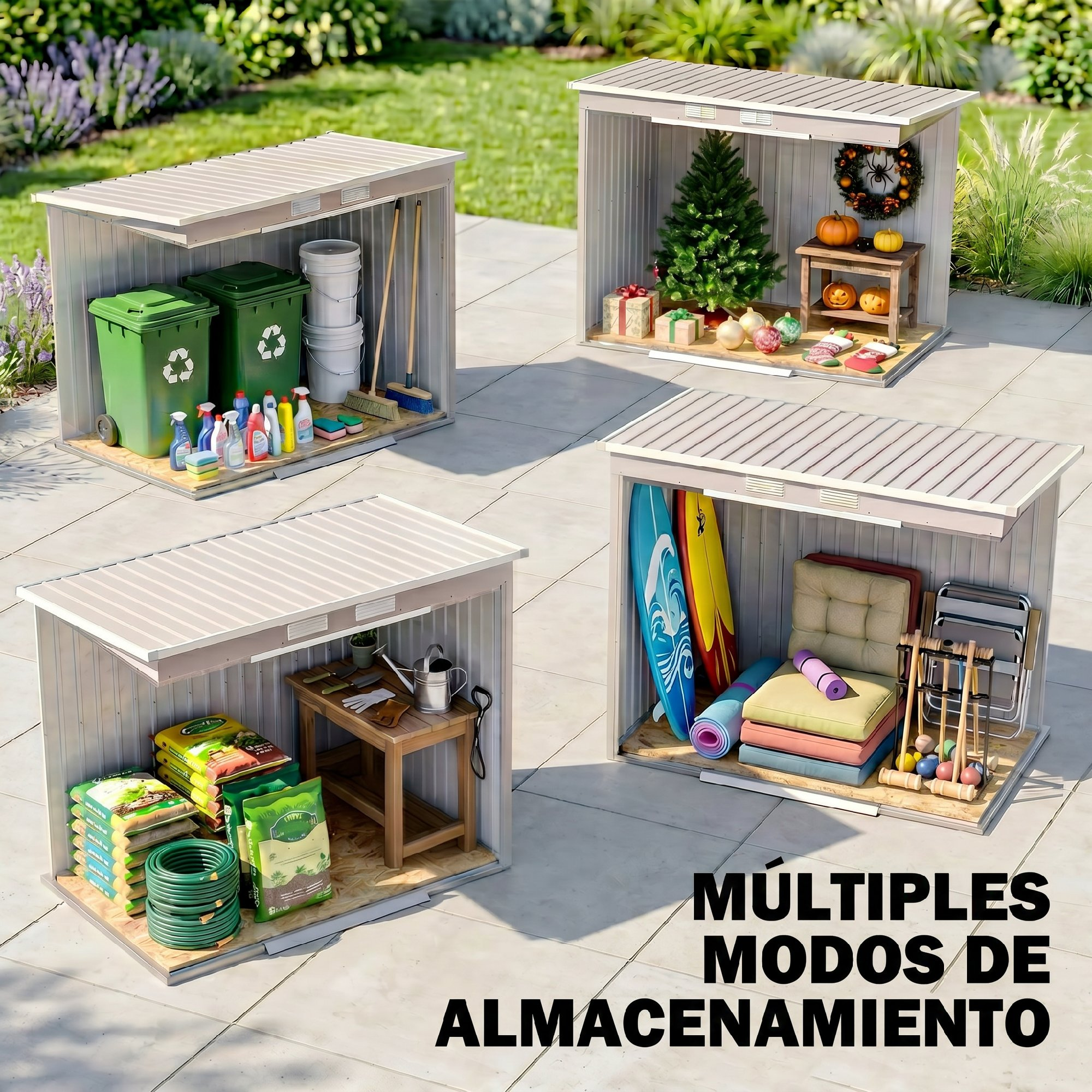 Cuatro cobertizos de almacenamiento muestran diferentes usos: cubos de basura, decoración festiva, herramientas de jardín.