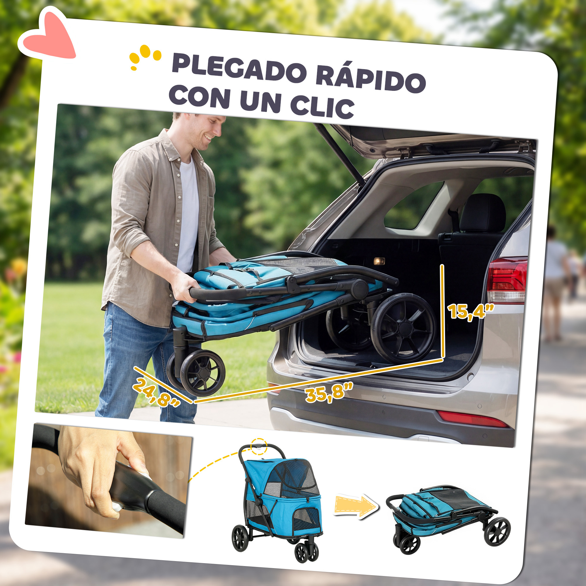 Hombre cargando un cochecito azul en un coche. Se muestran las dimensiones.