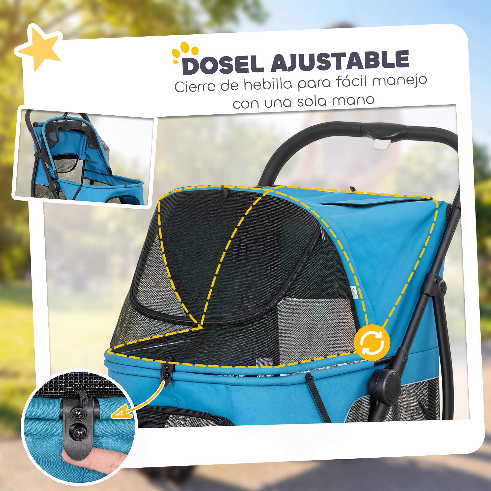 Un cochecito azul para perros con ventanas de malla y capota ajustable.