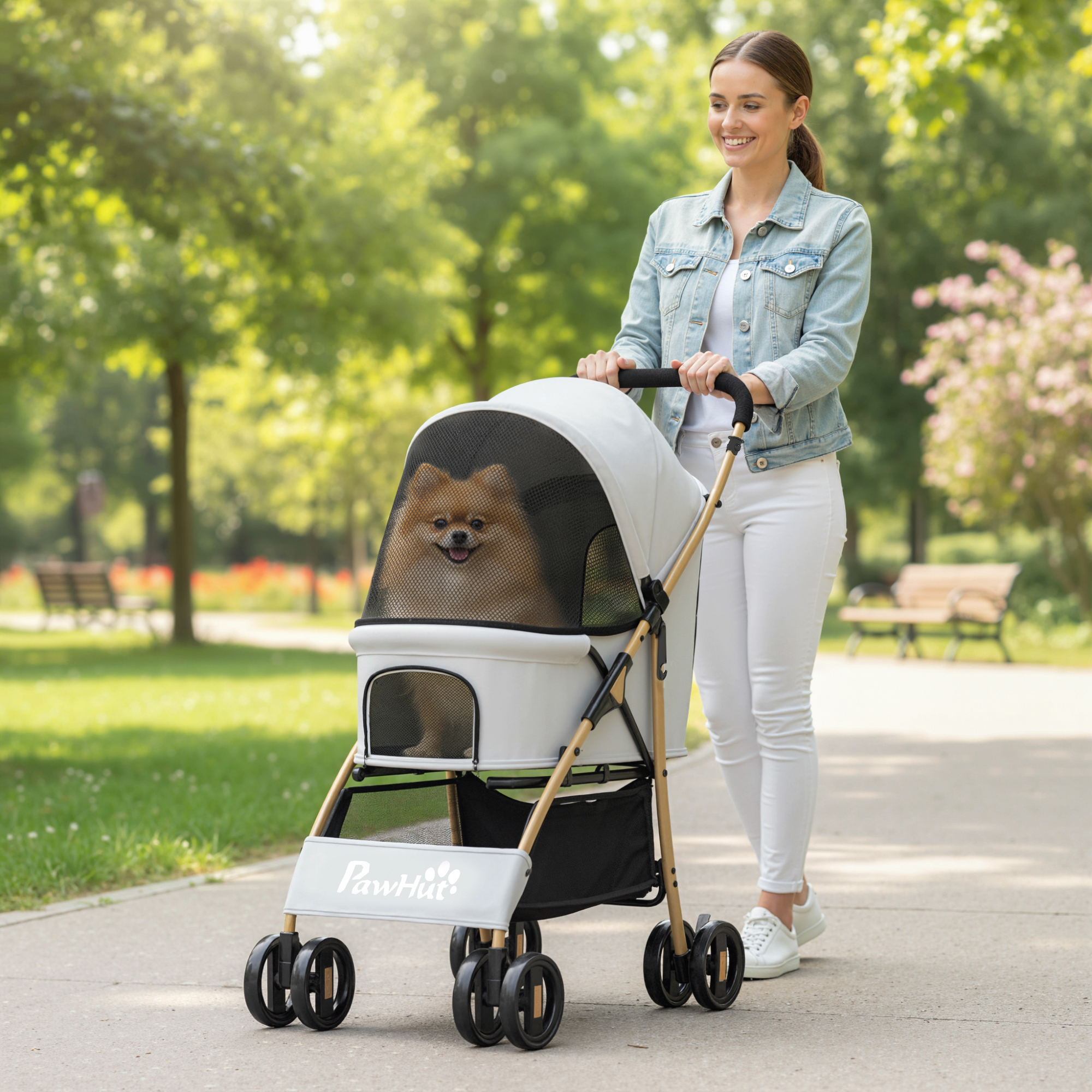 Mujer empuja a un perro en un cochecito por un parque soleado.
