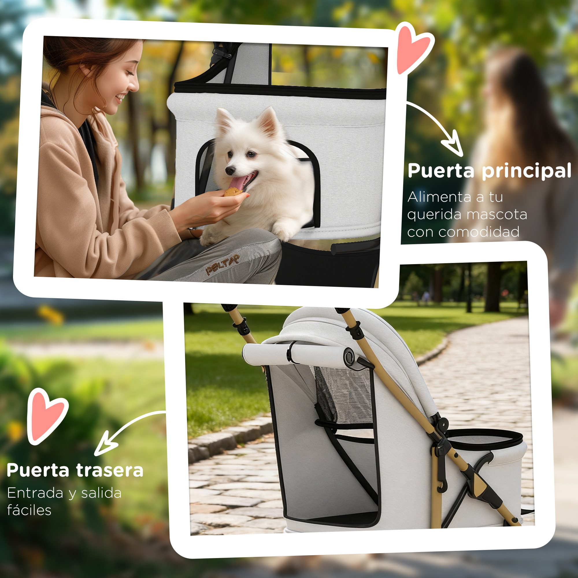 Mujer alimentando a un perro en un cochecito; vista detallada del cochecito.