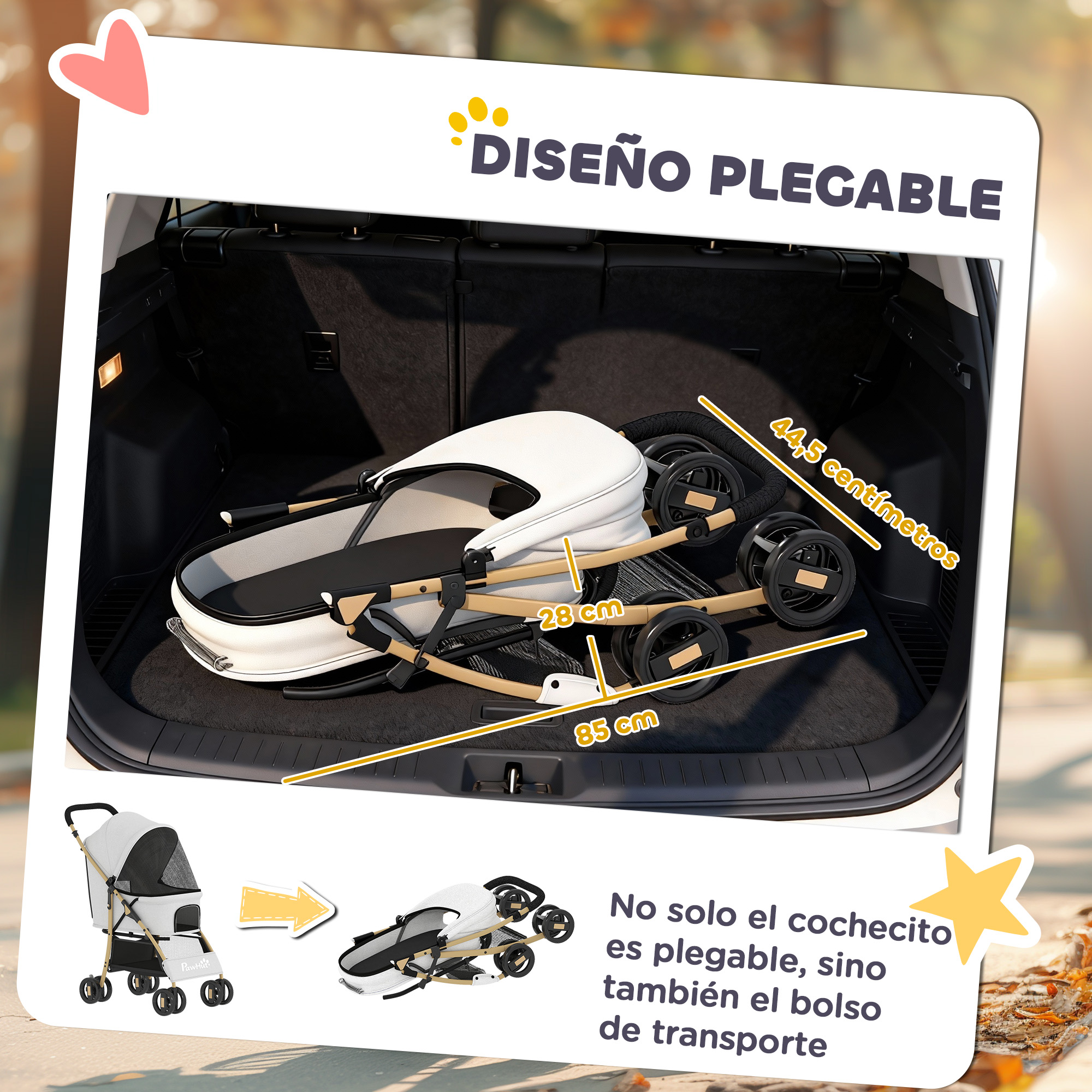 Un cochecito blanco plegado en el maletero de un coche con dimensiones.