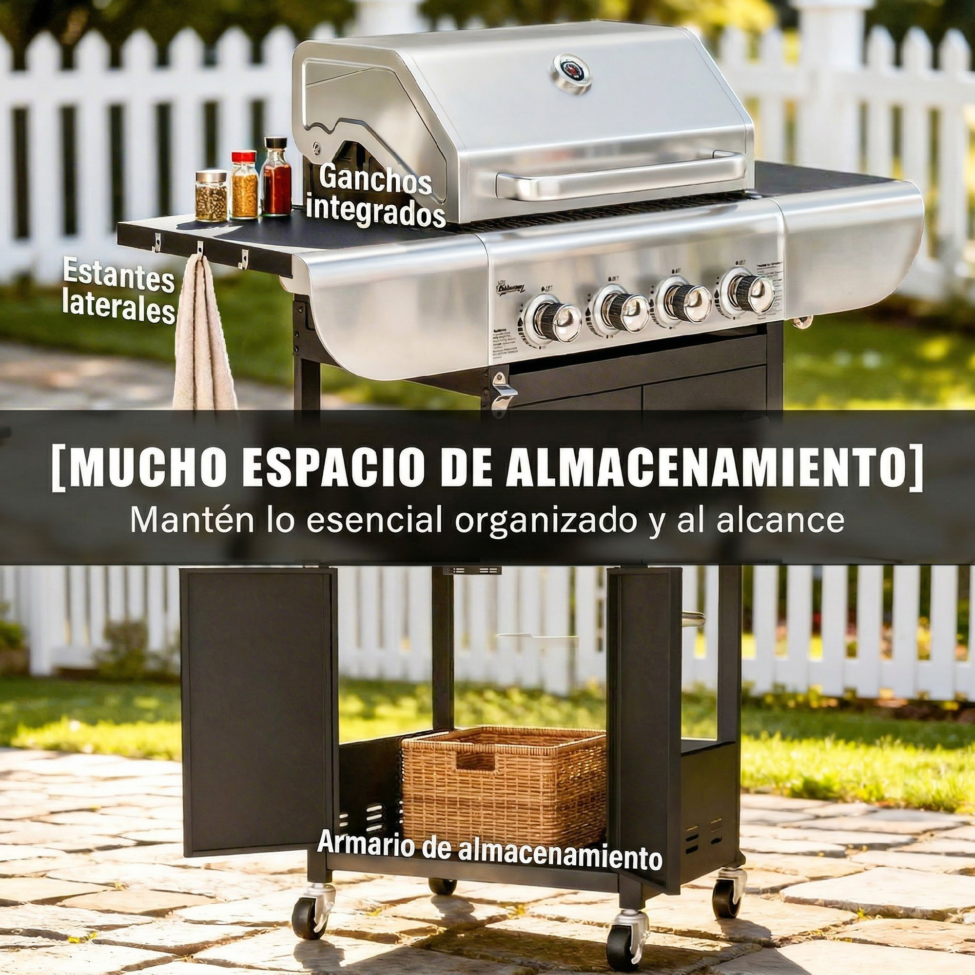 Un asador de gas con estantes laterales, ganchos y armario.