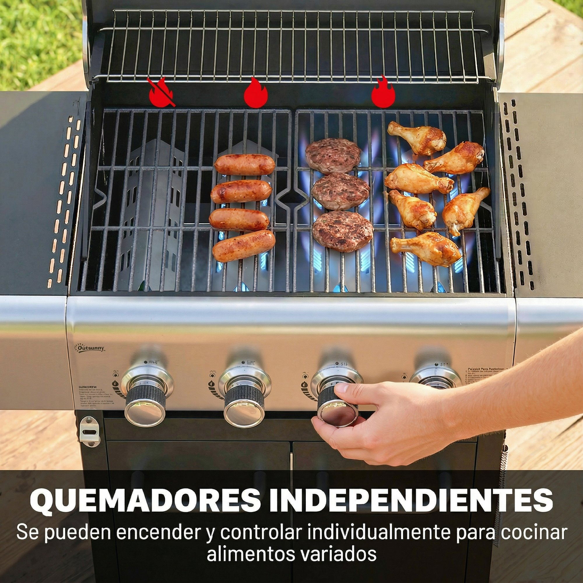 Una parrilla con salchichas, hamburguesas y muslos de pollo cocinándose sobre llamas.