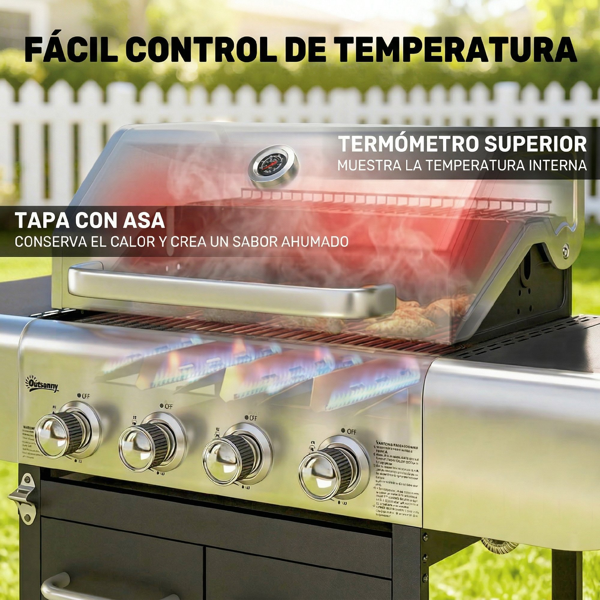 Una parrilla de gas con la tapa abierta, mostrando los quemadores y comida.