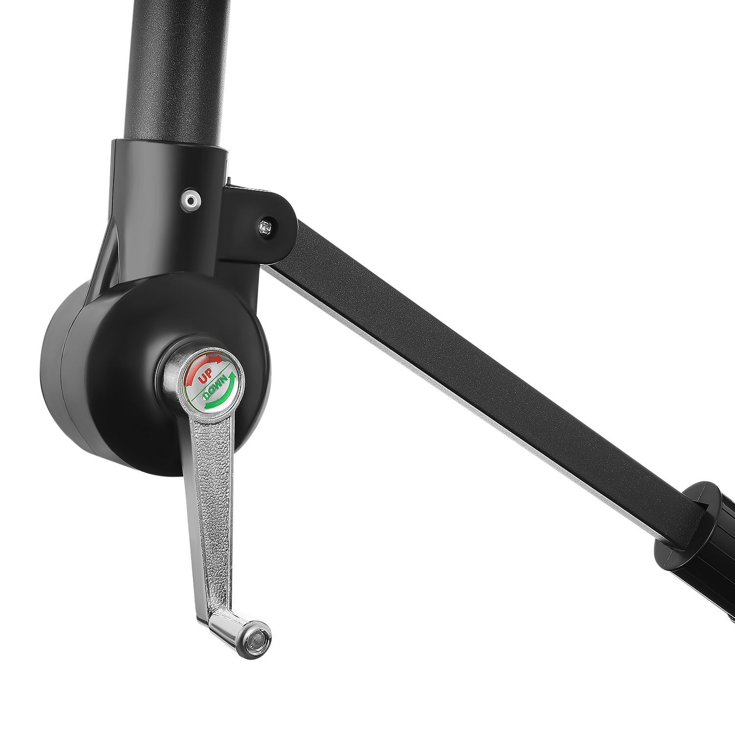 Czarny mechanizm korbowy z srebrną rączką i wskaźnikiem GÓRA/DÓŁ.
