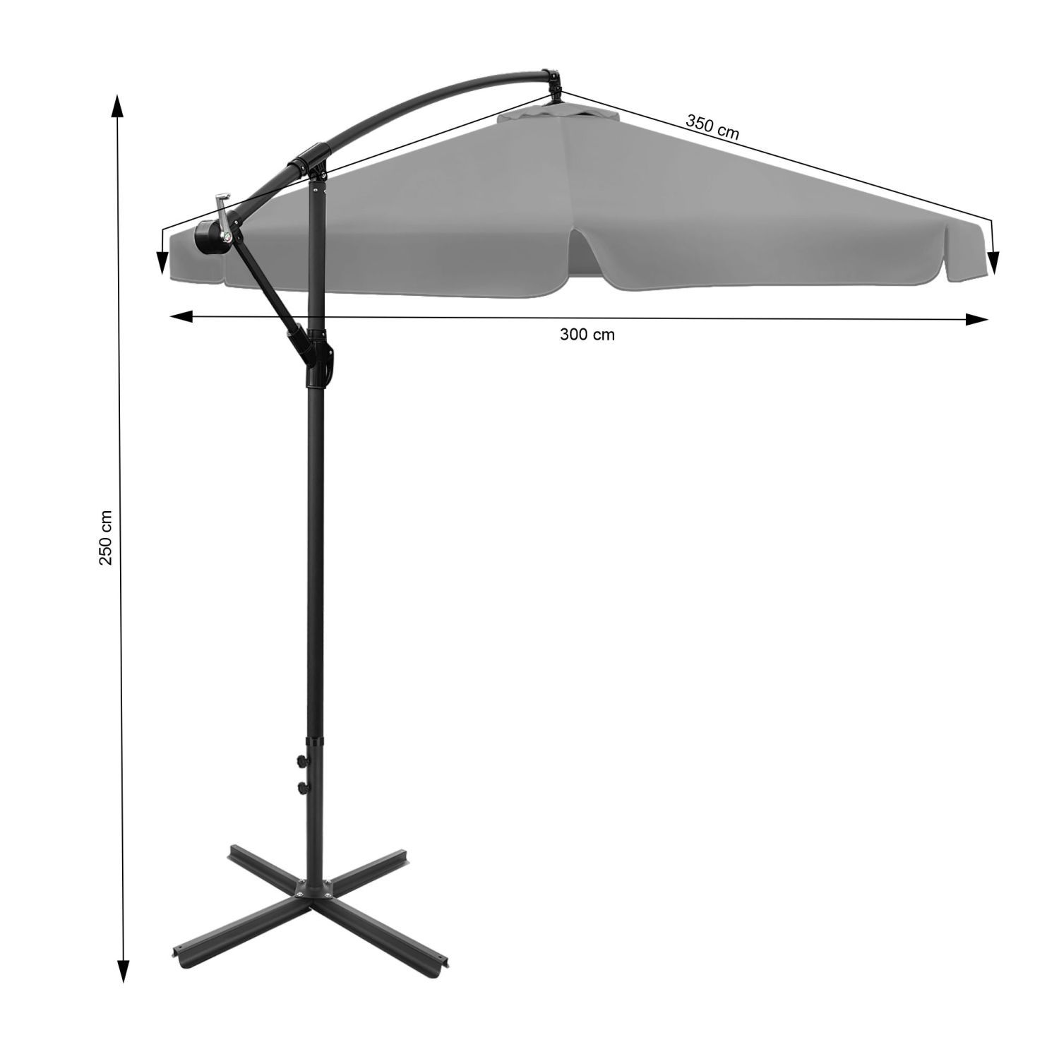 Szary parasol boczny z podstawą krzyżową. Wymiary: 250 cm wysokość, 300 cm szerokość.